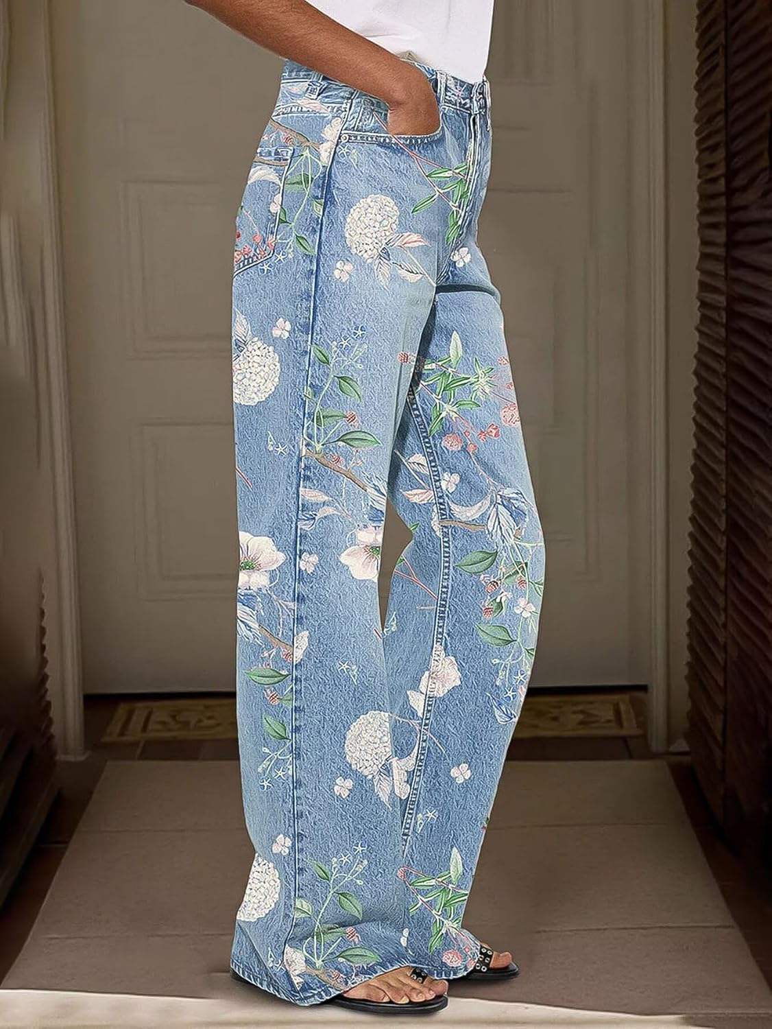 Flamingals Women's Floral Print Straight Leg Jeans for Women High Waist Floral Pattern Denim Pants Boho Cute Jeans - Image 2