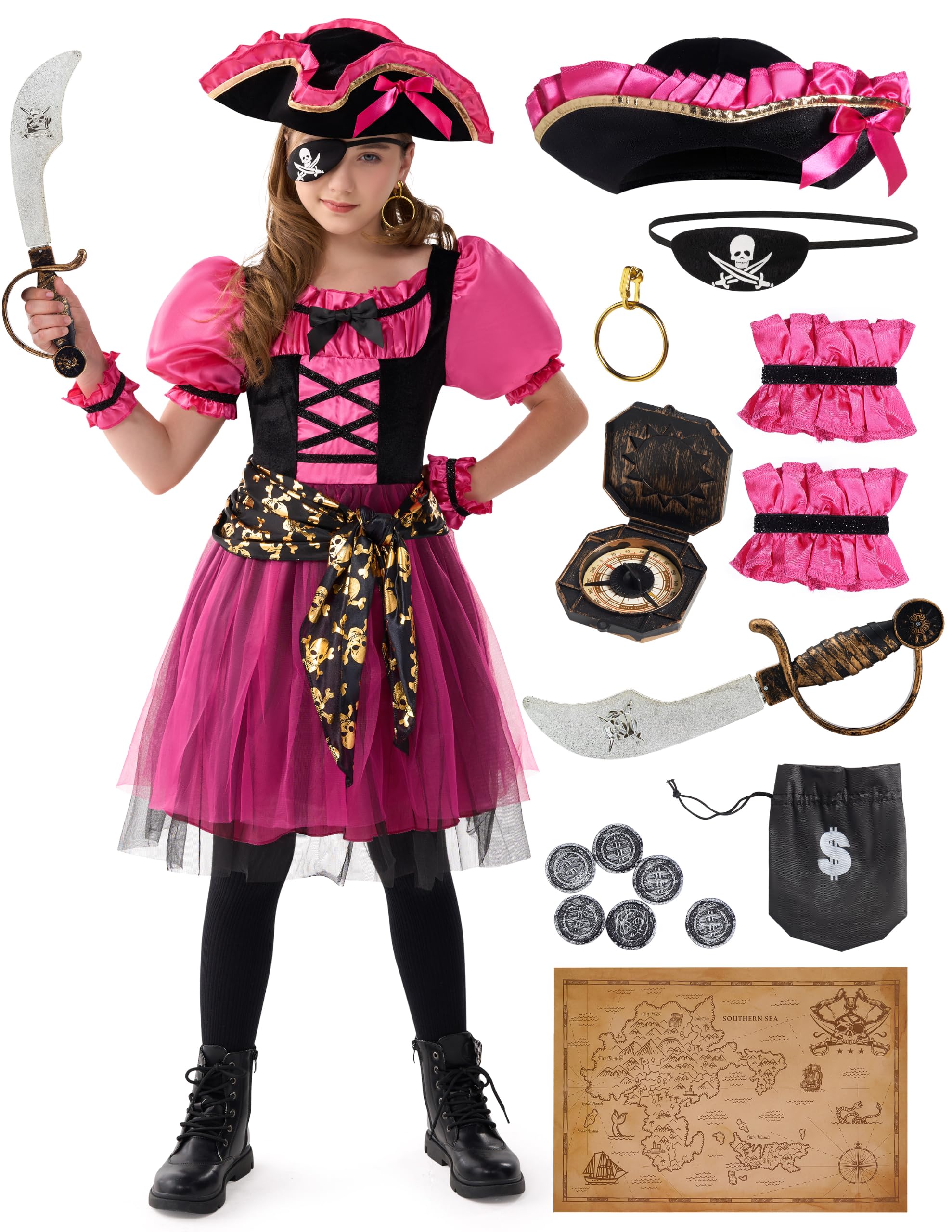 Spooktacular Creations Costume di Halloween per Ragazze, Costume da Pirata per Bambini, Abito da Pirata Magenta per Ragazze Festa di Halloween Gioco di Ruolo da Principessa Pirata (Piccolo (5-7 Anni))
