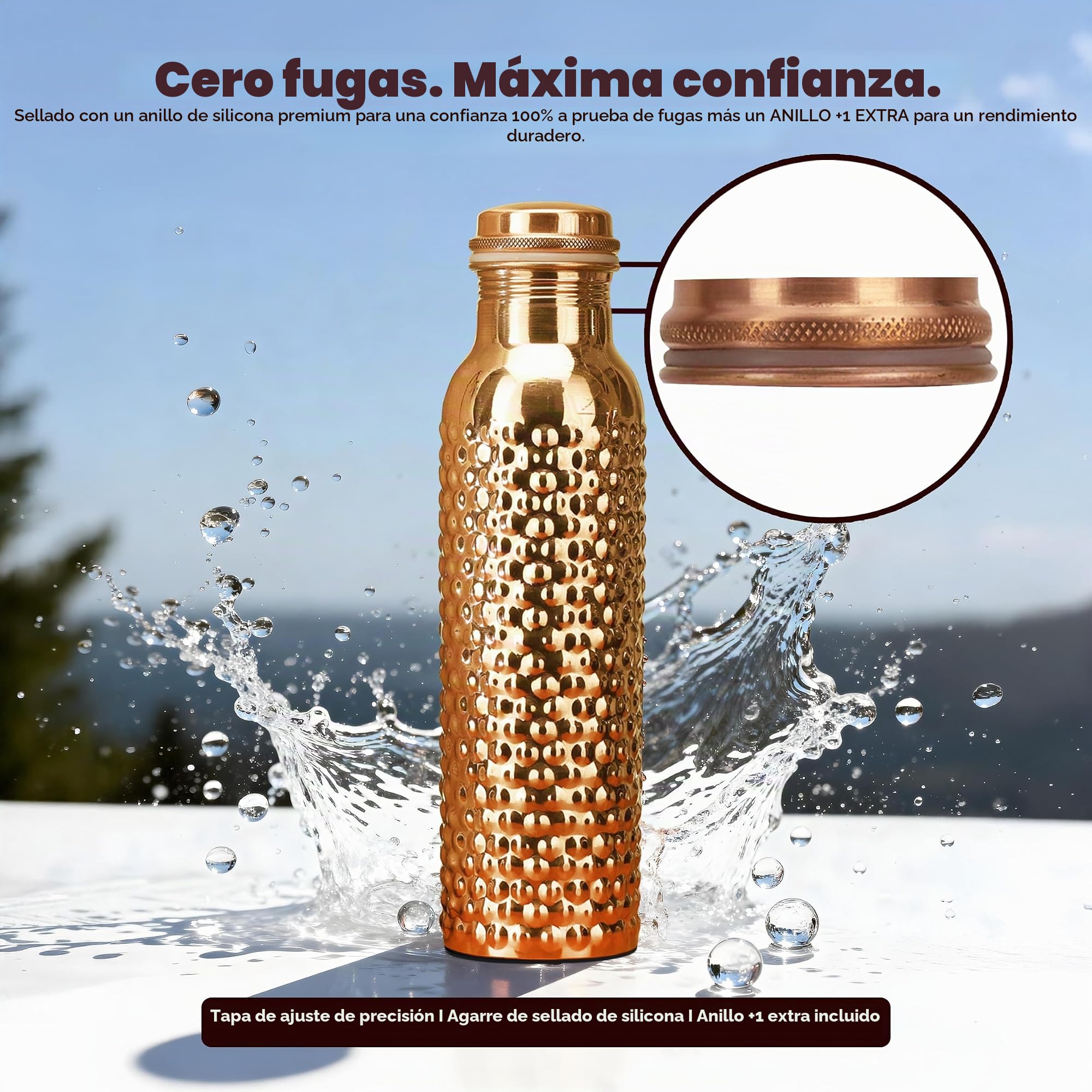 Botella de agua de cobre puro de 34 onzas con beneficios ayurvédicos, botella con bolsa para beber, tapa a prueba de fugas, recipiente grande hecho a mano para viajes y gimnasio