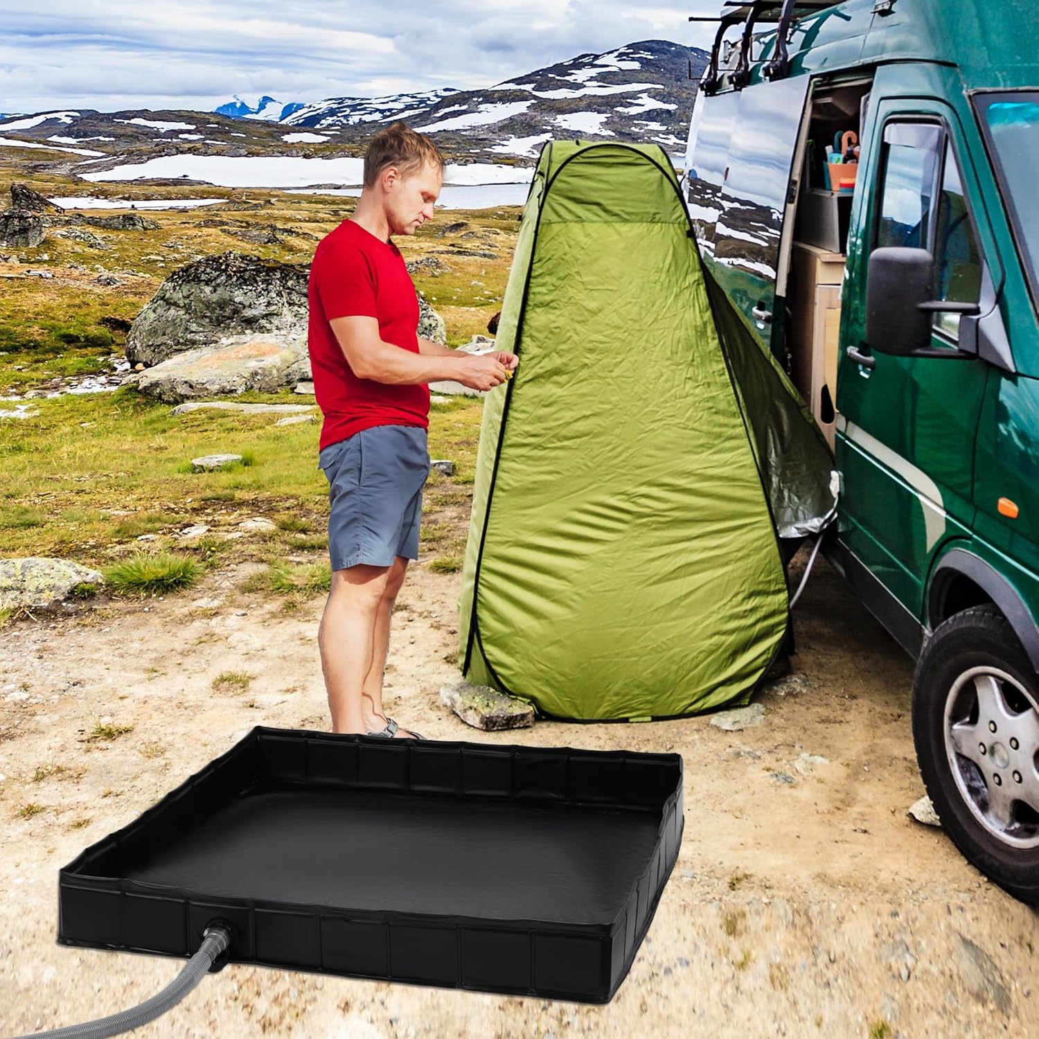Base plegable para tienda de ducha, 104 x 104 x 13 cm, plato de ducha portátil con desagüe, uso con ducha portátil, base de toldo para interiores y exteriores, mantiene los pies limpios y baña a las