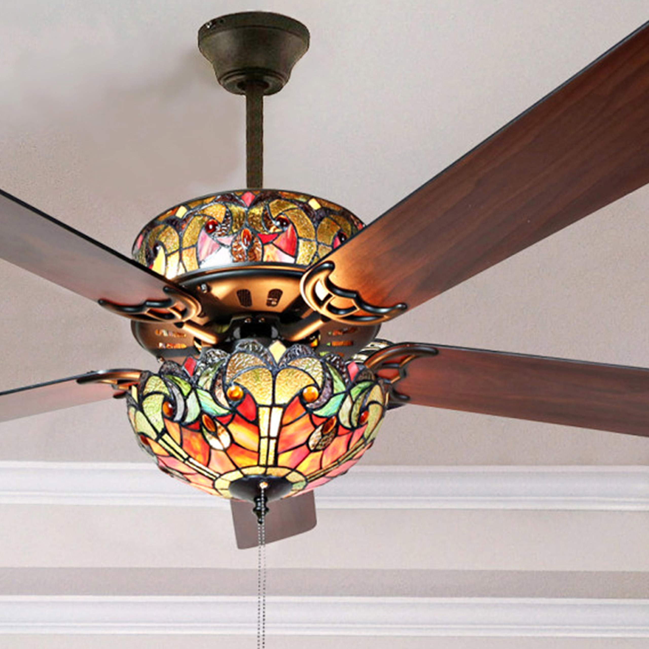 RIVER OF GOODS 52 Inch LED Stained Glass Ceiling Fan - Double-Lit Ceiling Fans With Lights and Remote - Unique Lighting & Ceiling Fans - Charming Antique Ceiling Fan Light Fixture - Halston - Spice
