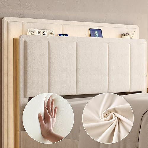 Miniatura 5 de Estructura de Cama de Almacenamiento Queen, Cama Plataforma Tapizada con 2 Cajones, Cabecera de Terciopelo con Mechones Verticales con Luces LED y