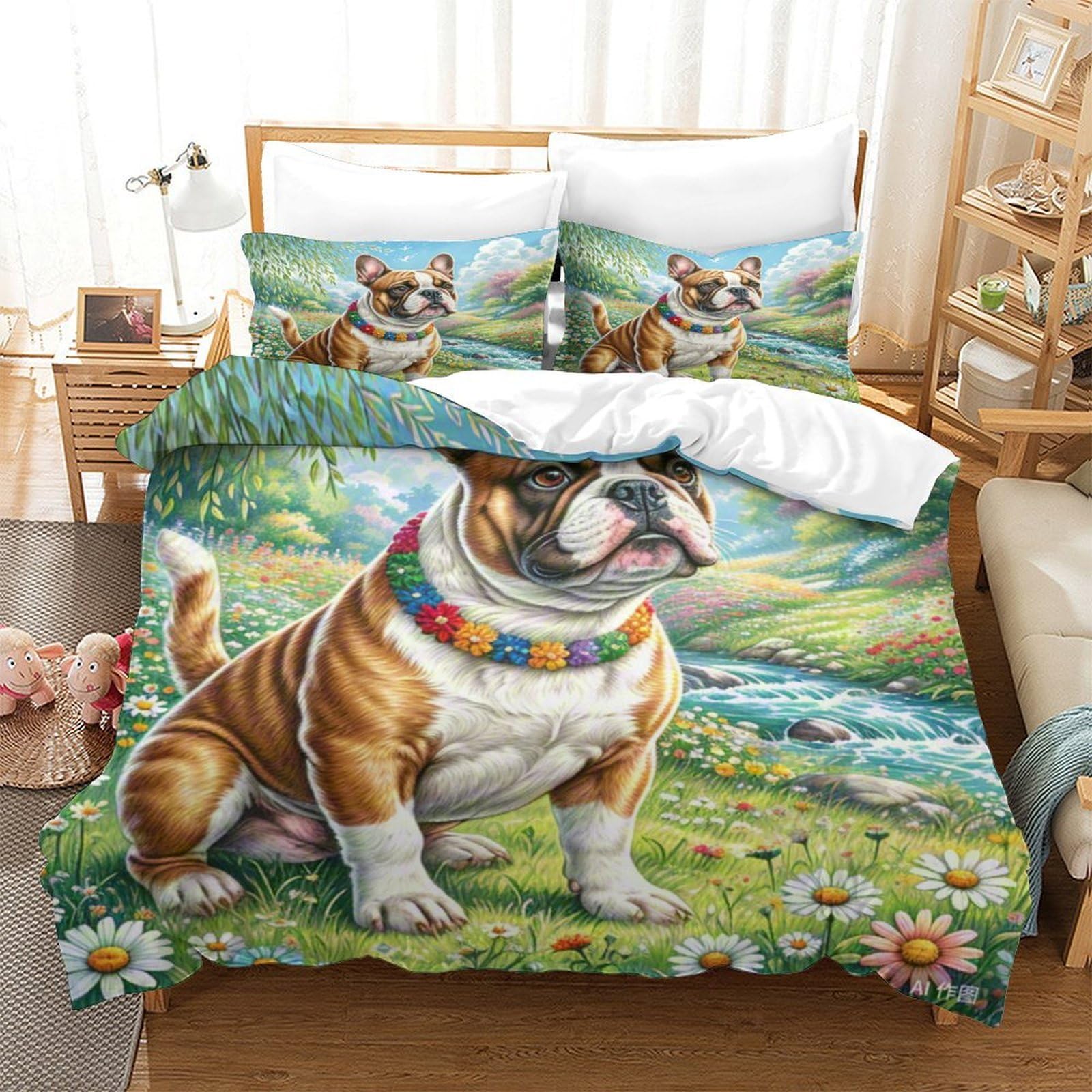 Linge de lit bouledogue terrier 3D housse de couette microfibre brossée enfant ado super king
