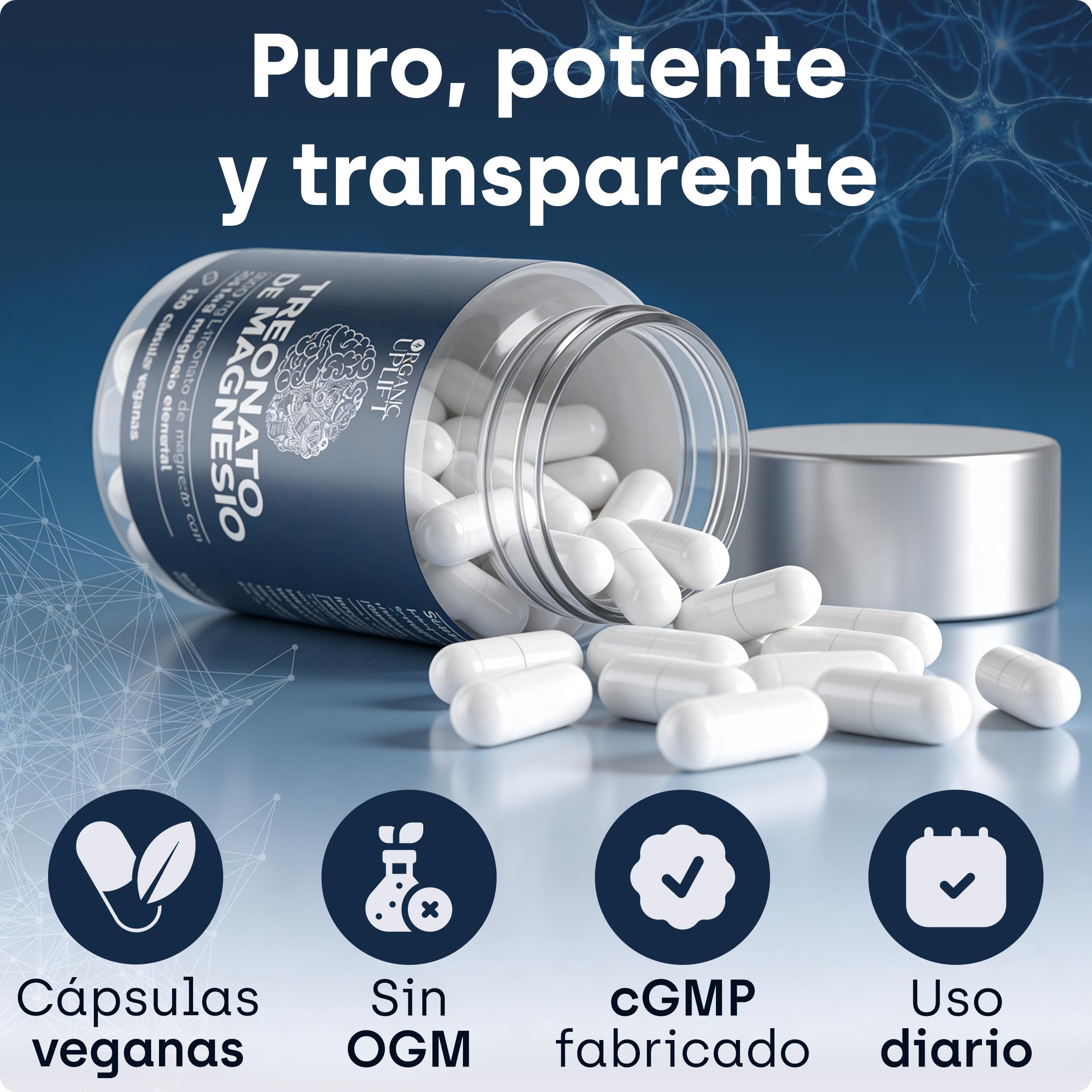 L-treonato de magnesio, alta dosis de 2000 mg de magnesio puro, buena absorción, favorece la memoria, la concentración y el sueño profundo, 120 cápsulas