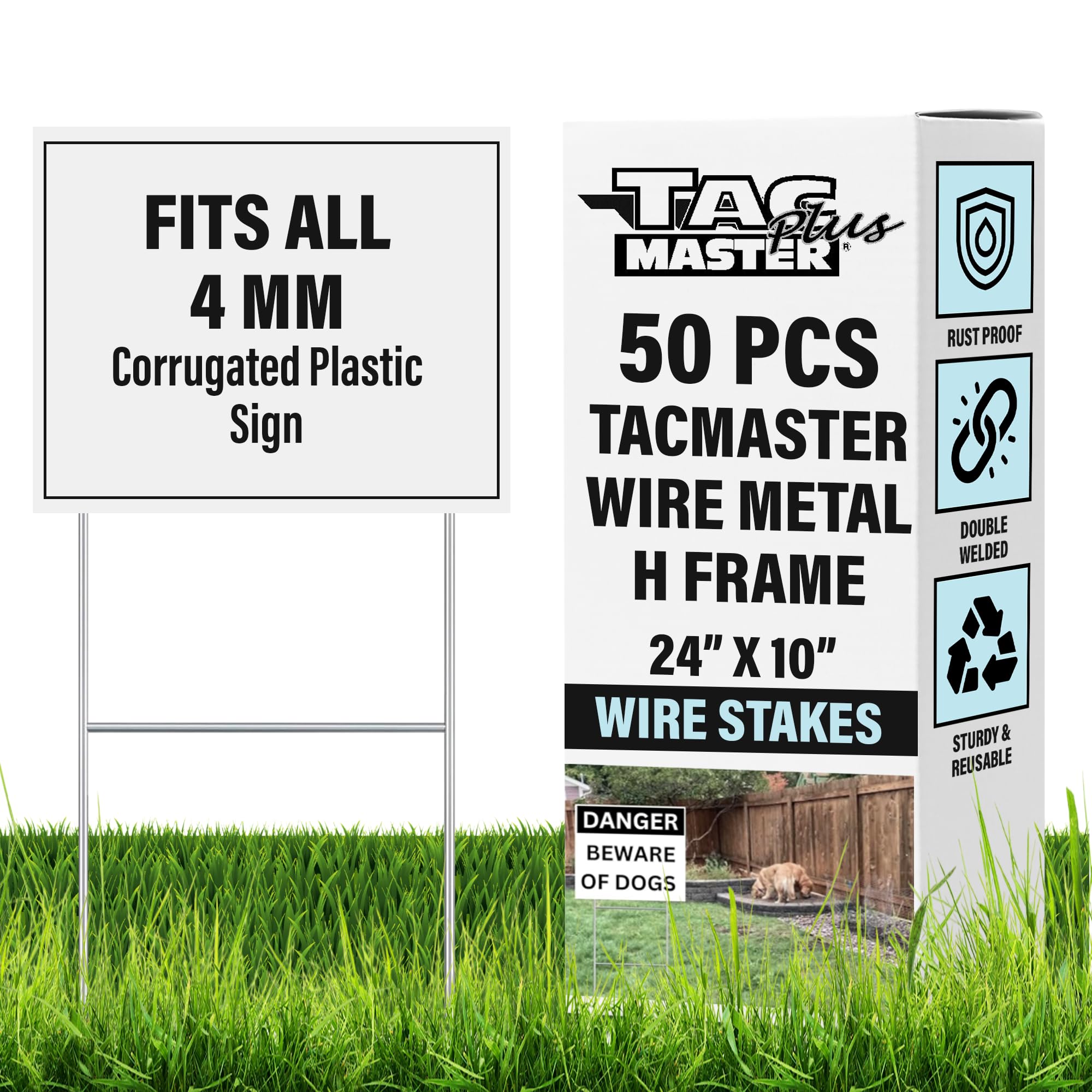 Tacmaster Wire Metal Yard and Sign H Stakes – Durable Blank Lawn Sign Posts for 4mm Corrugated Panels, Real Estate Signs, Waterproof and Wind Resistant, Ideal for Outdoor Use, 24"x10" – 50 Pack