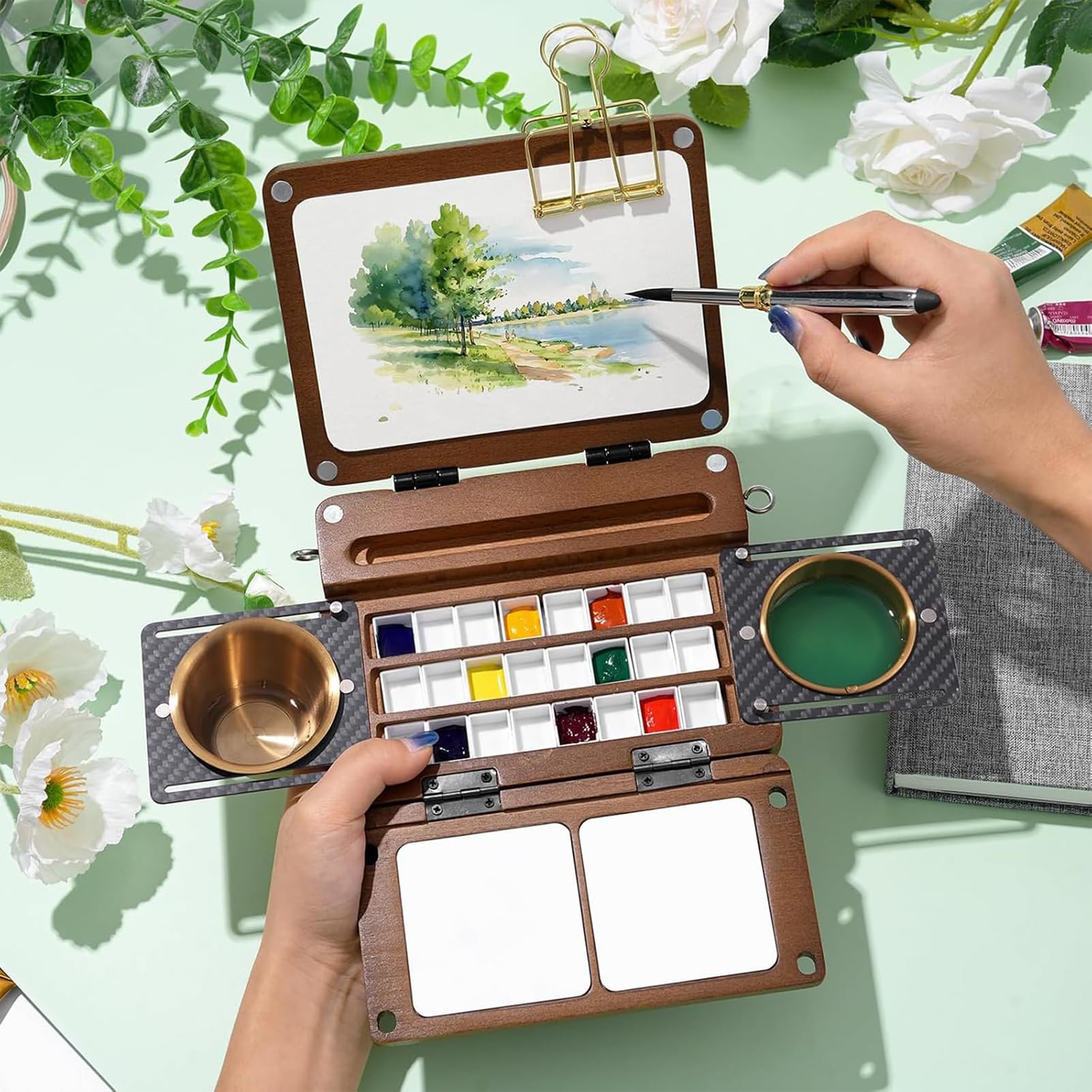 Boîte à Palette Aquarelle en Bois, Boîte de Peinture Portable de Voyage