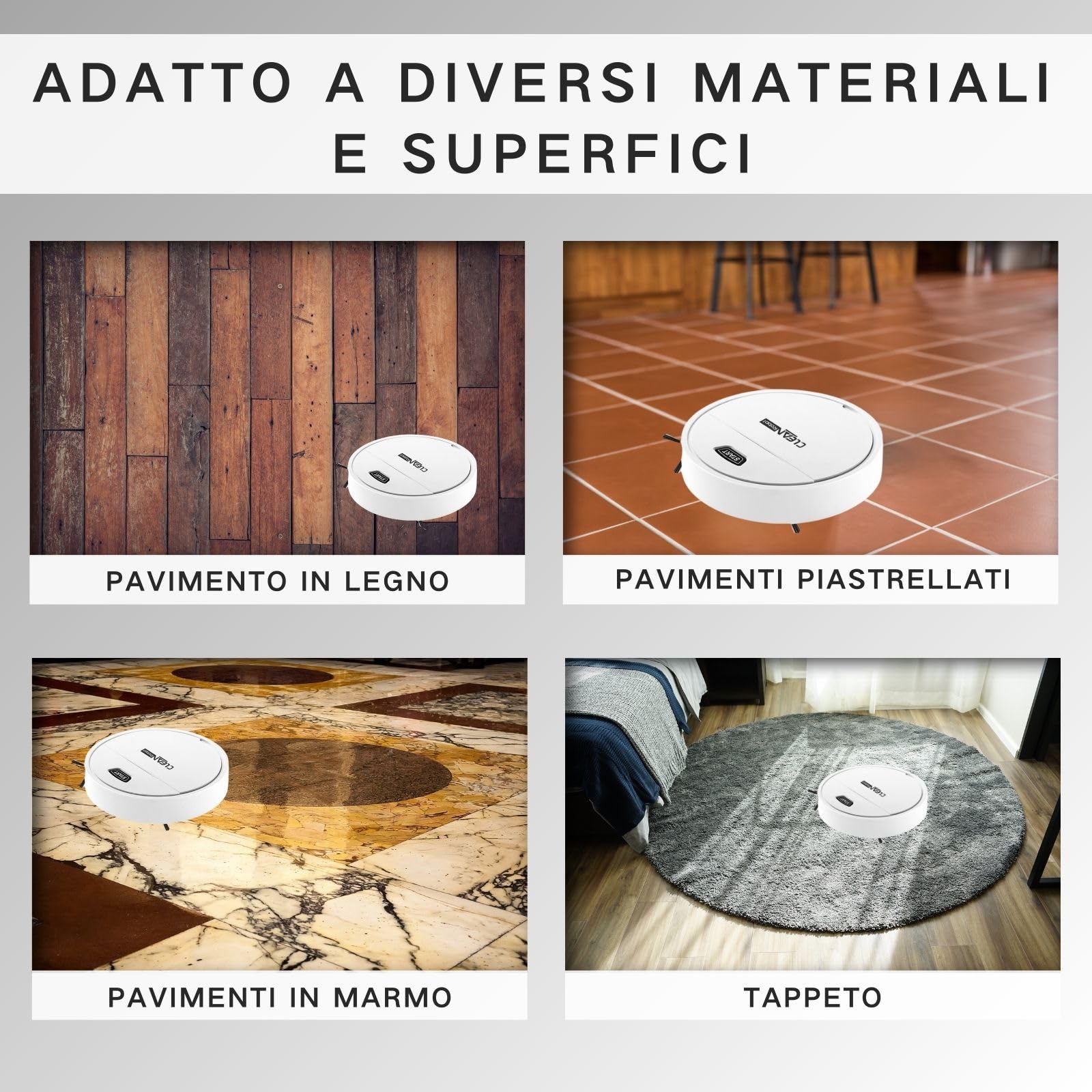 Robot Pulitore per Pavimenti, Robot Pulitore e Aspirapolvere, Aspira e Lava, Rilevamento Ostacoli, Adatto per Tappeti e Pavimenti in Legno, Auto Boost sui Tappeti, Bianco