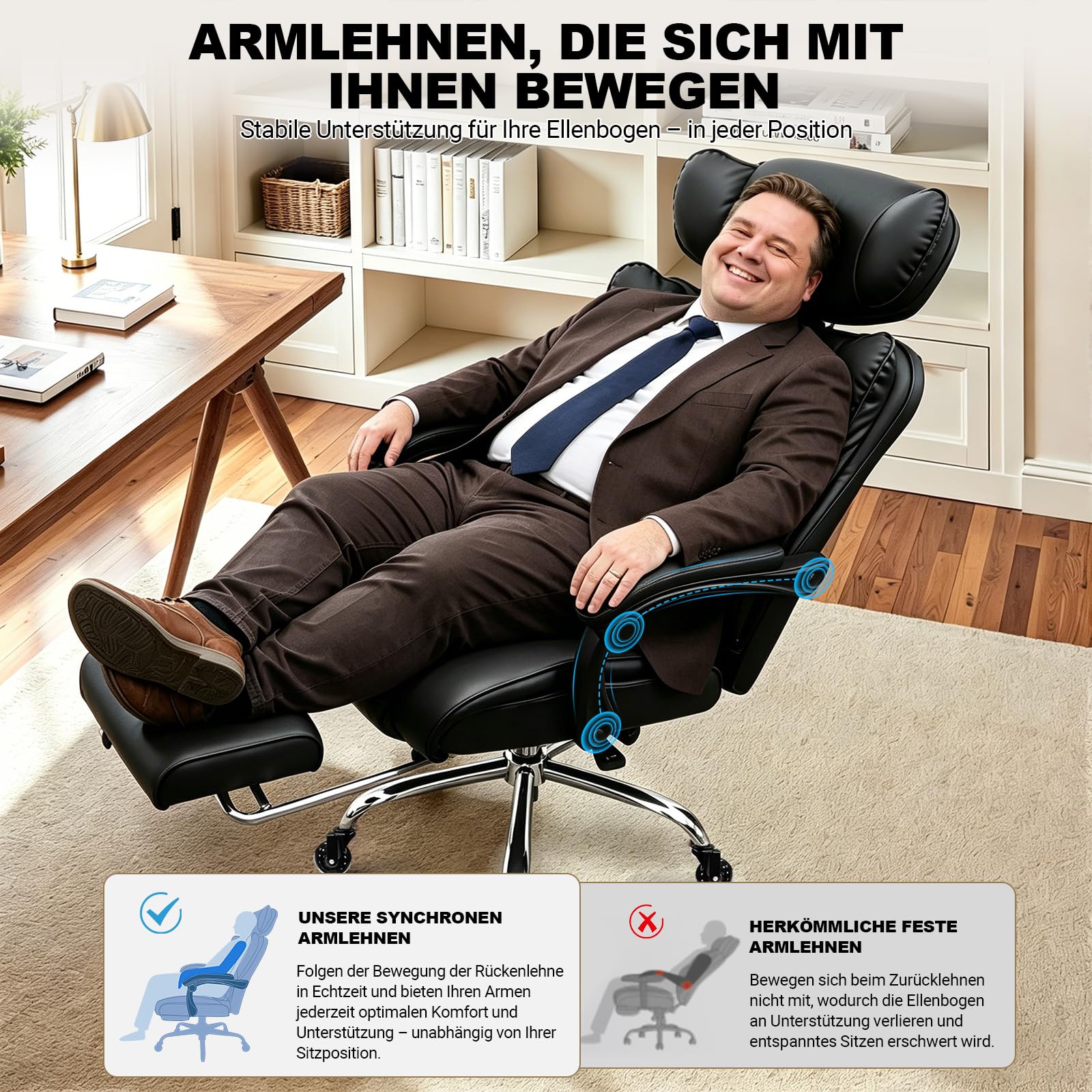 BASETBL Bürostuhl 200kg, Chefsessel mit 4-stufiger Gasdruckfeder, 3D Armlehnen, Verstellbarer Lendenstütze & Kopfstütze, Leises Gummirollen, XXL breiter Sitz, EN12520, ergonomischer Schreibtischstuhl