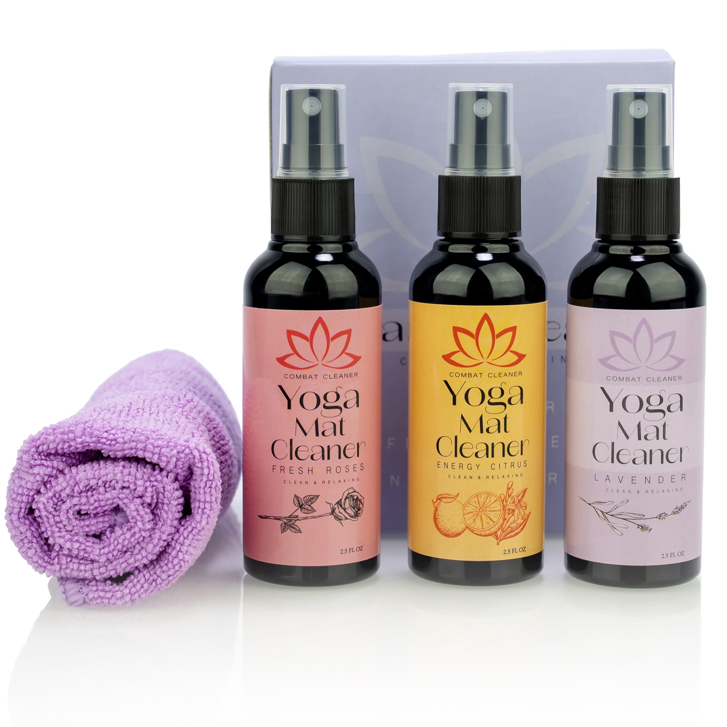 Combat Cleaner Kit de spray limpiador de esterilla de yoga (paquete de 3) incluye una toalla de microfibra, restaura y refresca las esterillas de yoga (lavanda, rosas frescas, cítricos energéticos)
