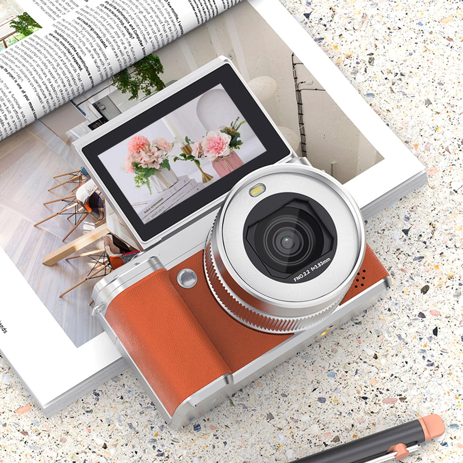 VBESTLIFE Fotocamera Digitale 5k per Fotografia con Wifi, Fotocamera Vlogging con Telecamere da Viaggio a Schermo a Flip da 3 Pollici 180 Zoom, per le Ragazze Principianti (BROWN)