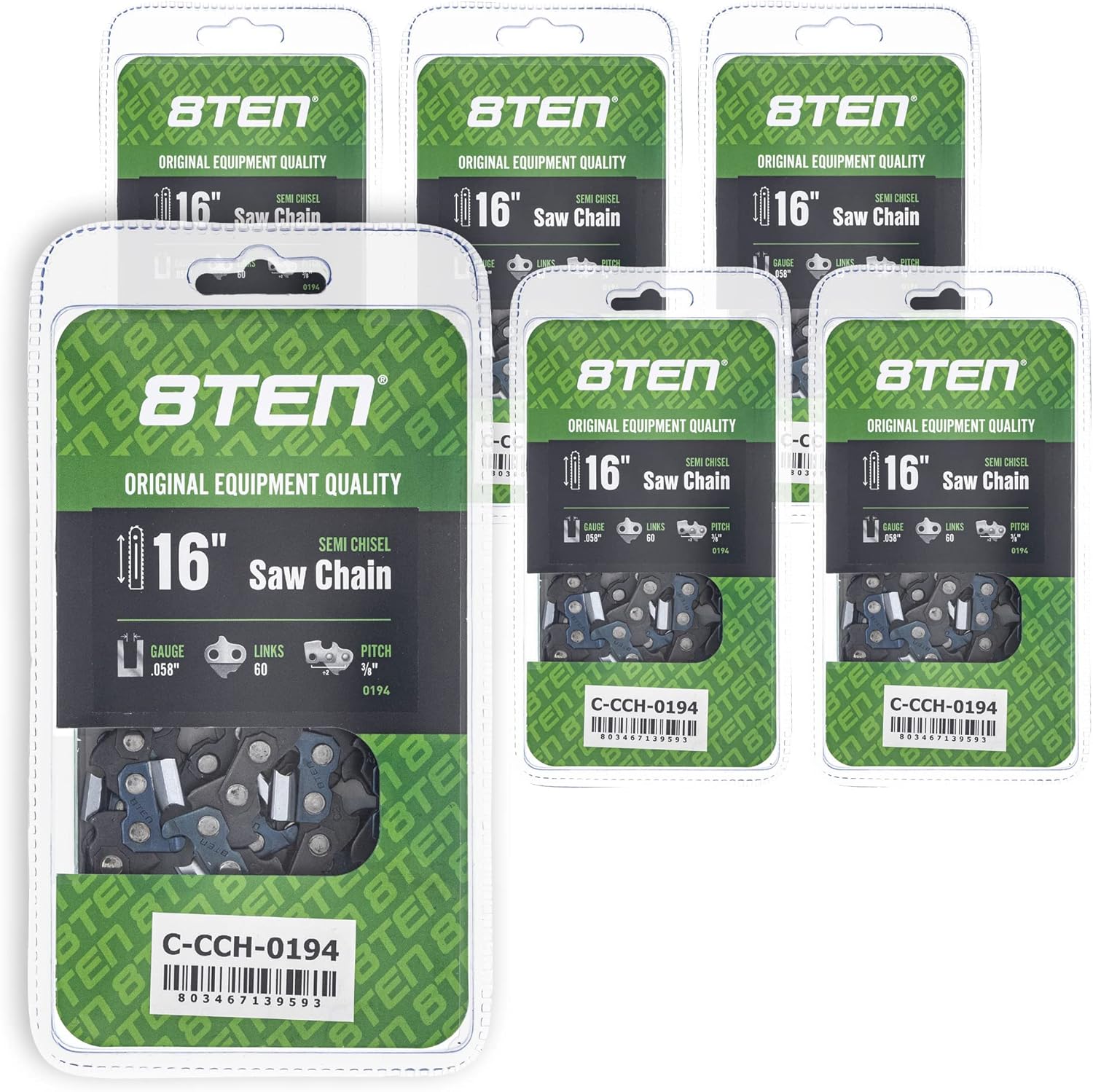 8TEN Semi Chisel Chainsaw Chain 16 Inch .058 3/8 60DL For Husqvarna 455 Rancher Poulan 475 Jonsered 2165 (5 Pack)