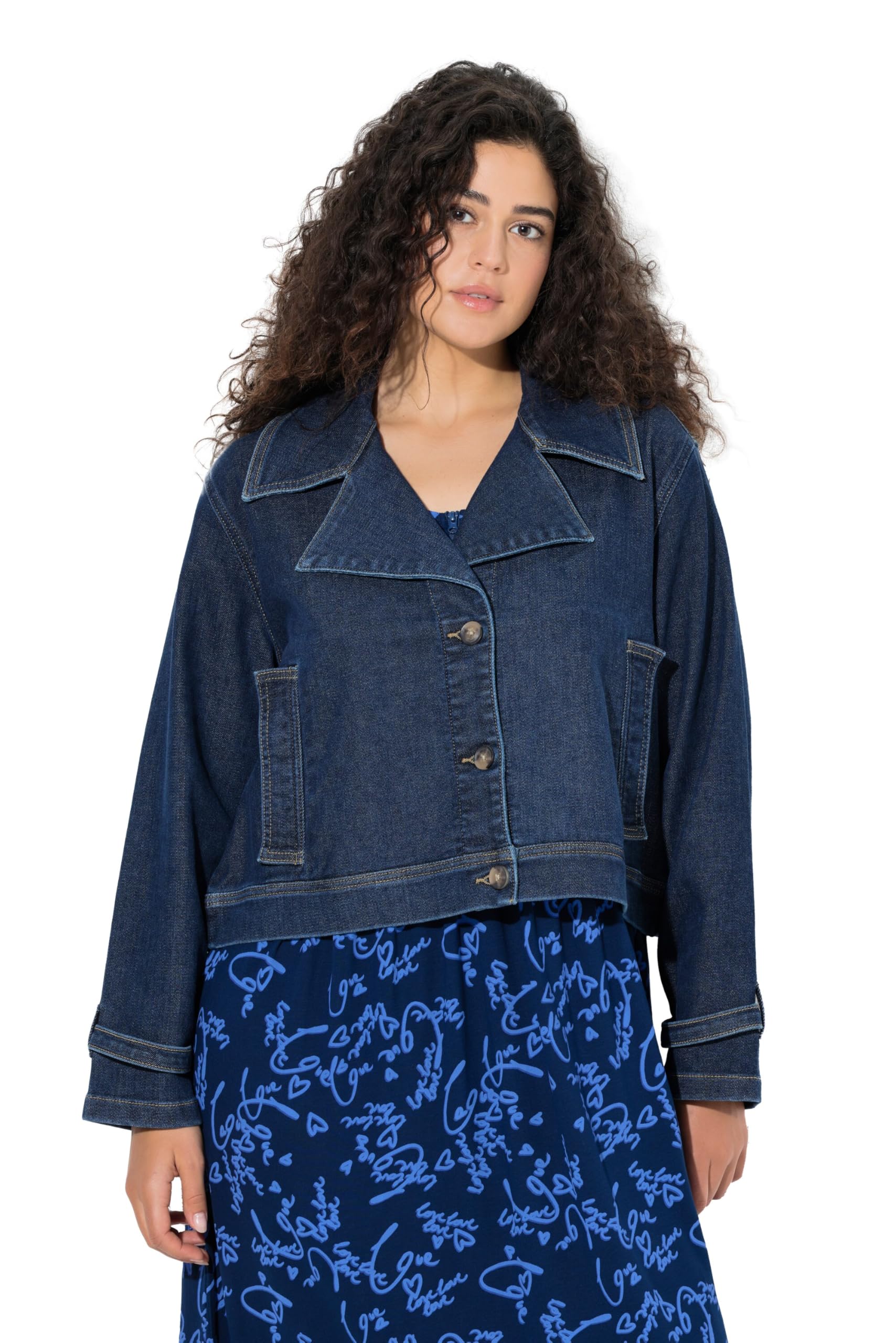 Ulla Popken Damen große Größen Übergrößen Plus Size Jeansjacke, kurz, Reverskragen, Langarm 841470