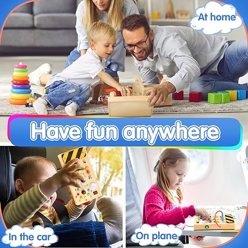 Miniatura 6 de POLKRANE Tablero de actividades con luz LED, juguetes Montessori con interruptor de palanca, juguetes de viaje y juguete de madera para actividades