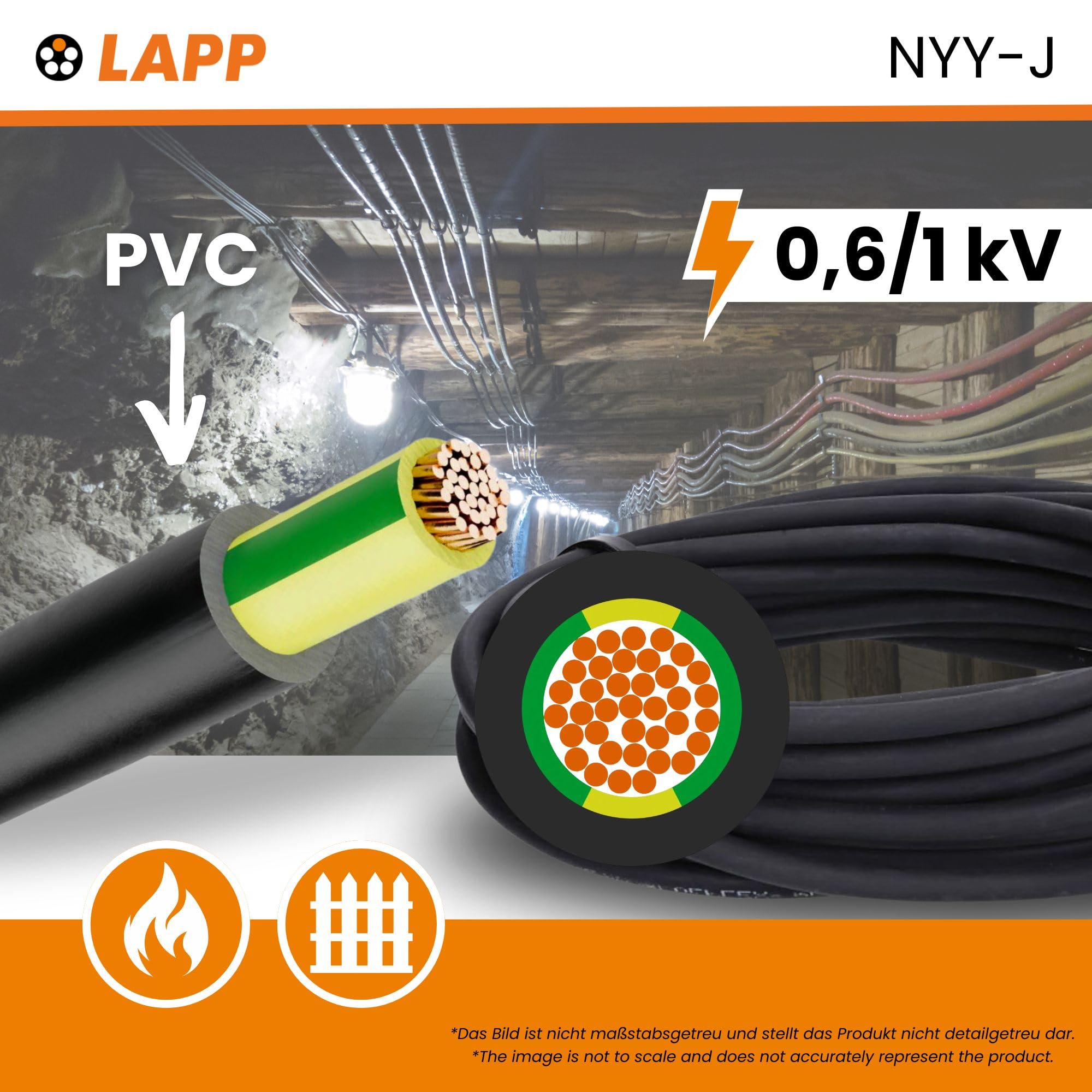 Lapp 10m Cavo di Rete NYY-J 5x2,5 mm2 RE - Cavo di Messa a Terra Nero | Cavo di alimentazione ignifugo e resistente ai raggi UV, ideale per posa fissa in terra, acqua, interno ed esterno.