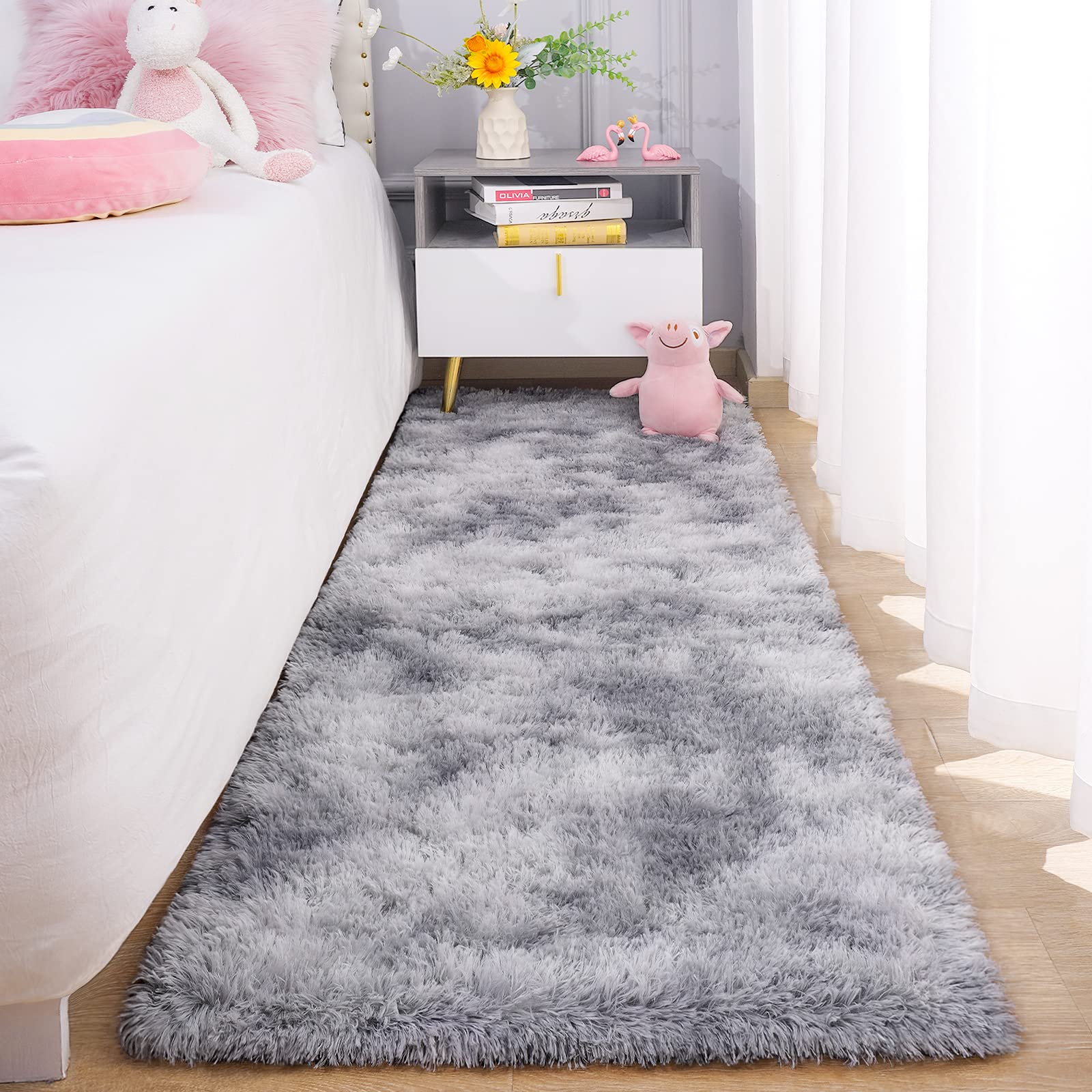 Chicrug Cute Fluffy Area Rug for Girls Bedroom, 2x6 Feet Fluffy Kids Rug for Room Decor, Shag Soft Dorm Playroom Rug, Bedside Rug for Baby Nursery Room, Grey