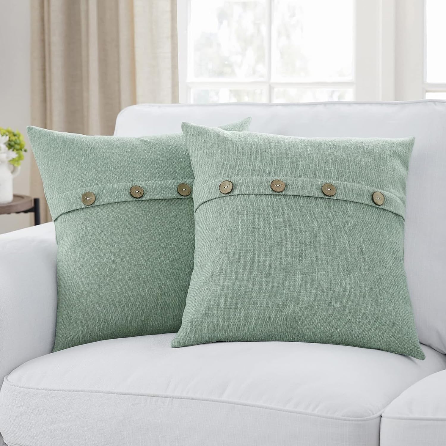 Meekio Set of 2 Sage Green Square Pillow Covers 20 x 20 Farmhouse Pillow Covers with Coconut Buttons for Sofa Couch Living Room Bedroom