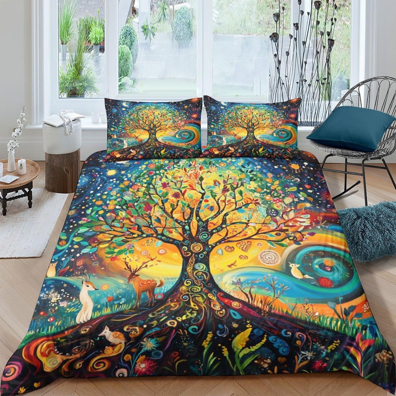 TUFRTGYHN 3D Printed Tree of Life Duvet Cover Microfiber Soft Breathable Forest Sunlight Bedding Set with 2 Pillowcases for Bedroom Home Decor, Single（135x200cm）