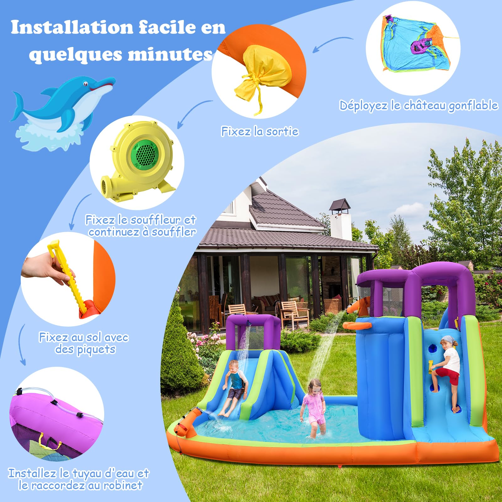 GOPLUS Château Gonflable Exterieur Enfant avec Double Toboggan, Pistolet à Eau, Mur d'escalade, Panier de Basket, Balle, avec Piscine d'Éclaboussures pour Enfants (Violet+ Gonfleur 950W)
