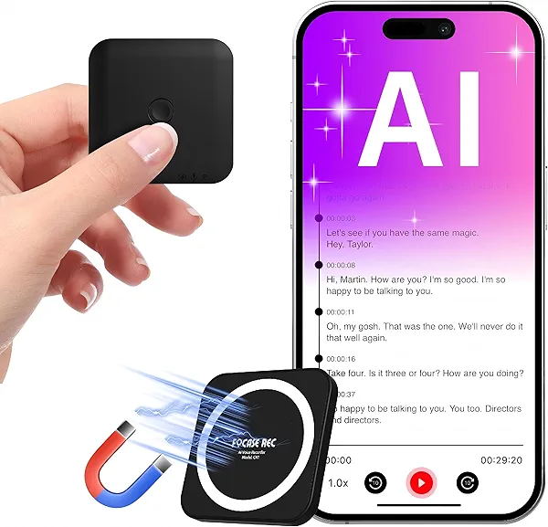 128GB Mini AI Voice Activated Recorder with Transcription to Text: 0.24-Inch Thin, Chat GPT Transcribe & Summarize & Translation, Magnetic Audio Recorder for Lectures, Meetings, Calls, Interviews
