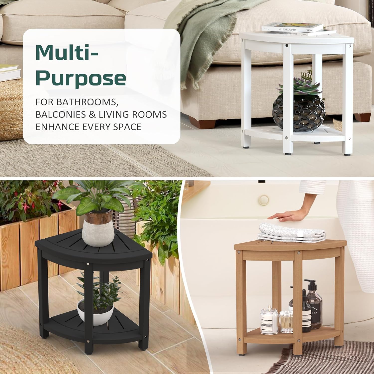 Waterproof Corner Shower Stool for Inside Shower, Poly Lumber Shower Bench Seat Chair, Bath Shower Stool for Shaving Legs Foot Rest with Storage Shelf, Adjustable & Non-Slip Feet, White