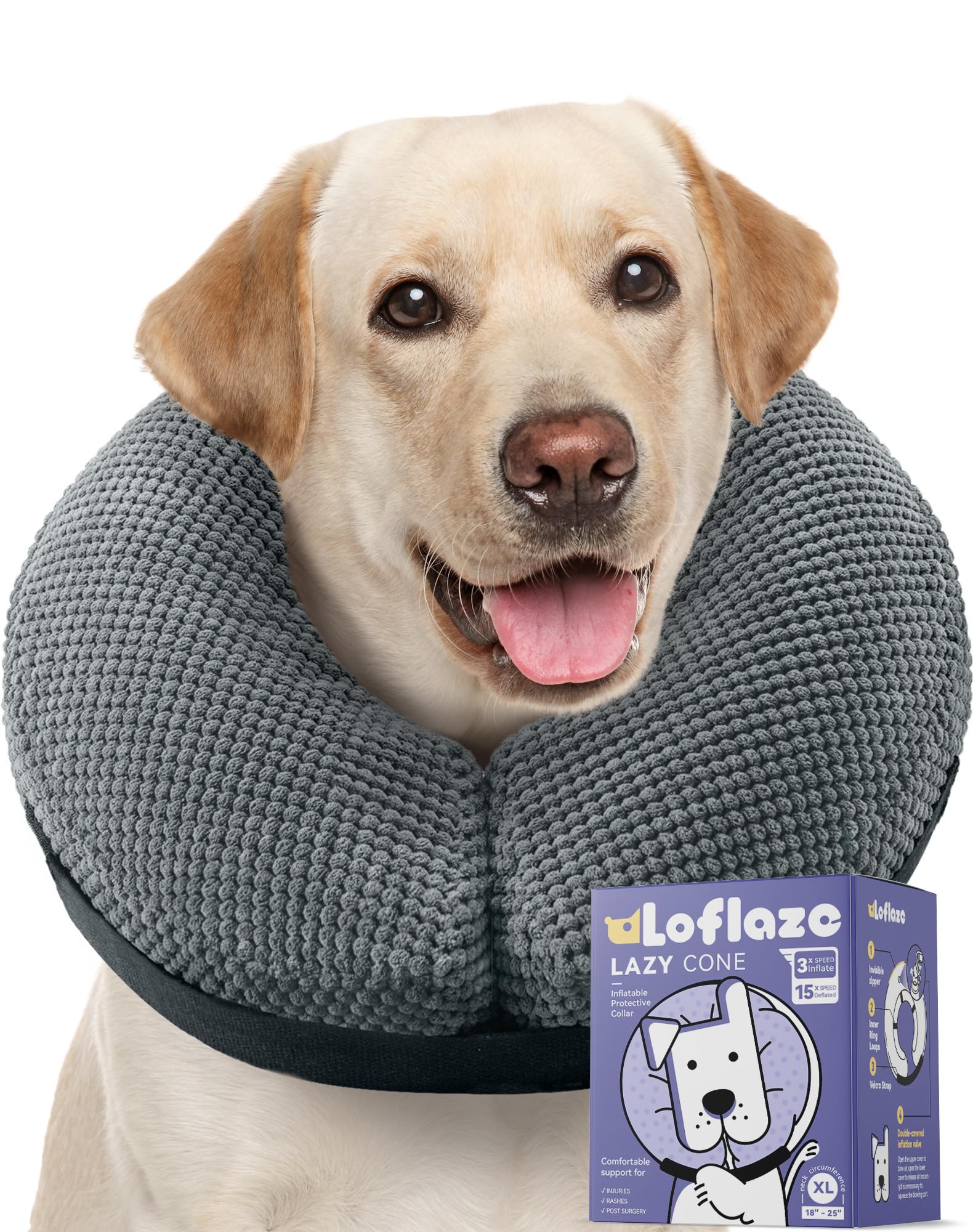 Soft Inflatable Dog Cone Collar Alternative After Surgery - Dog Neck Donut E Collar for Large Medium Small Dogs Cats Post Surgery - Recovery Collar to Stop Licking - Grey, XXL