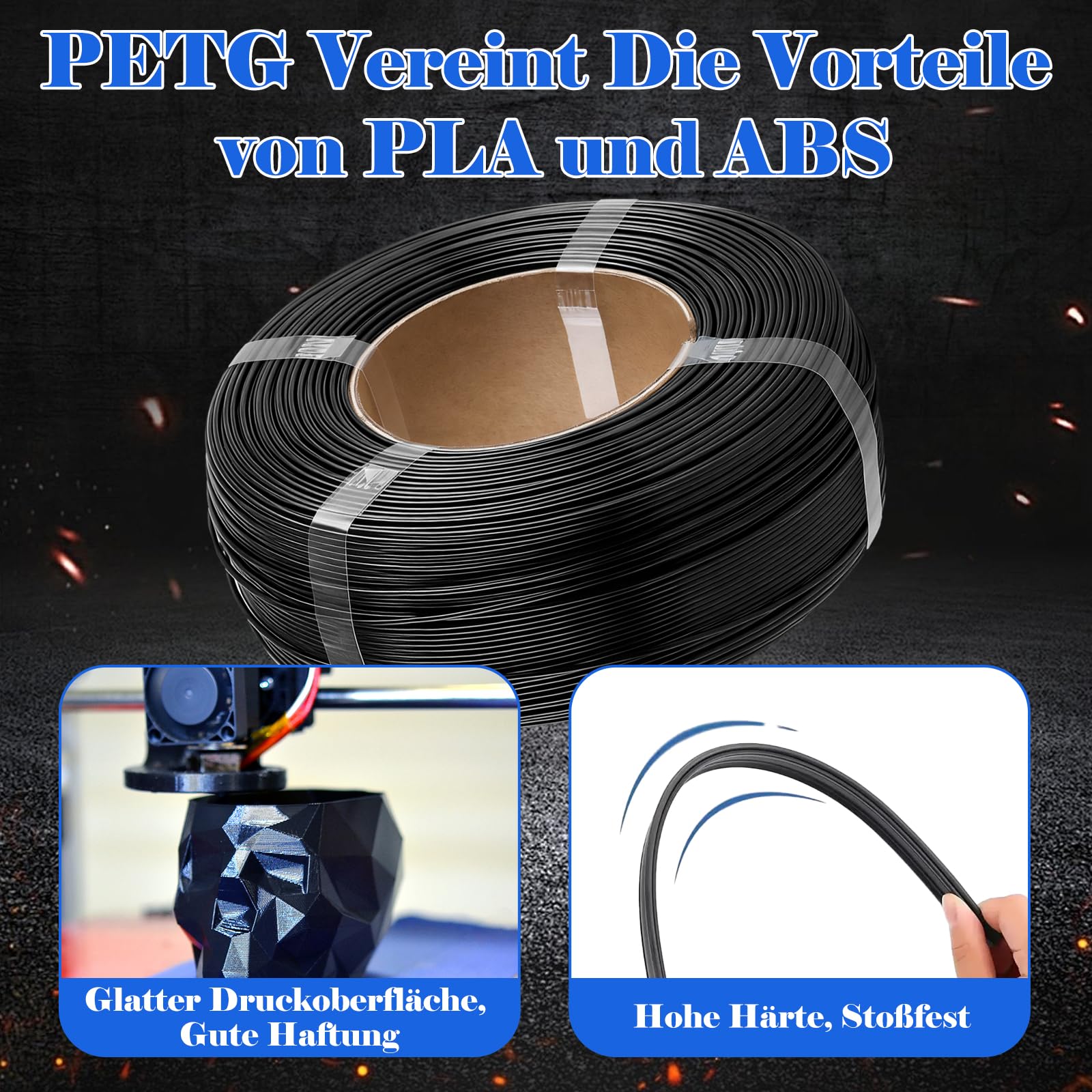 5 Stück PETG Filament 1.75 Schwarz, Stärker 3D Drucker Filament 1kg, Maßgenauigkeit +/- 0.02mm, PETG Schwarz für Die Meisten 3D Printer