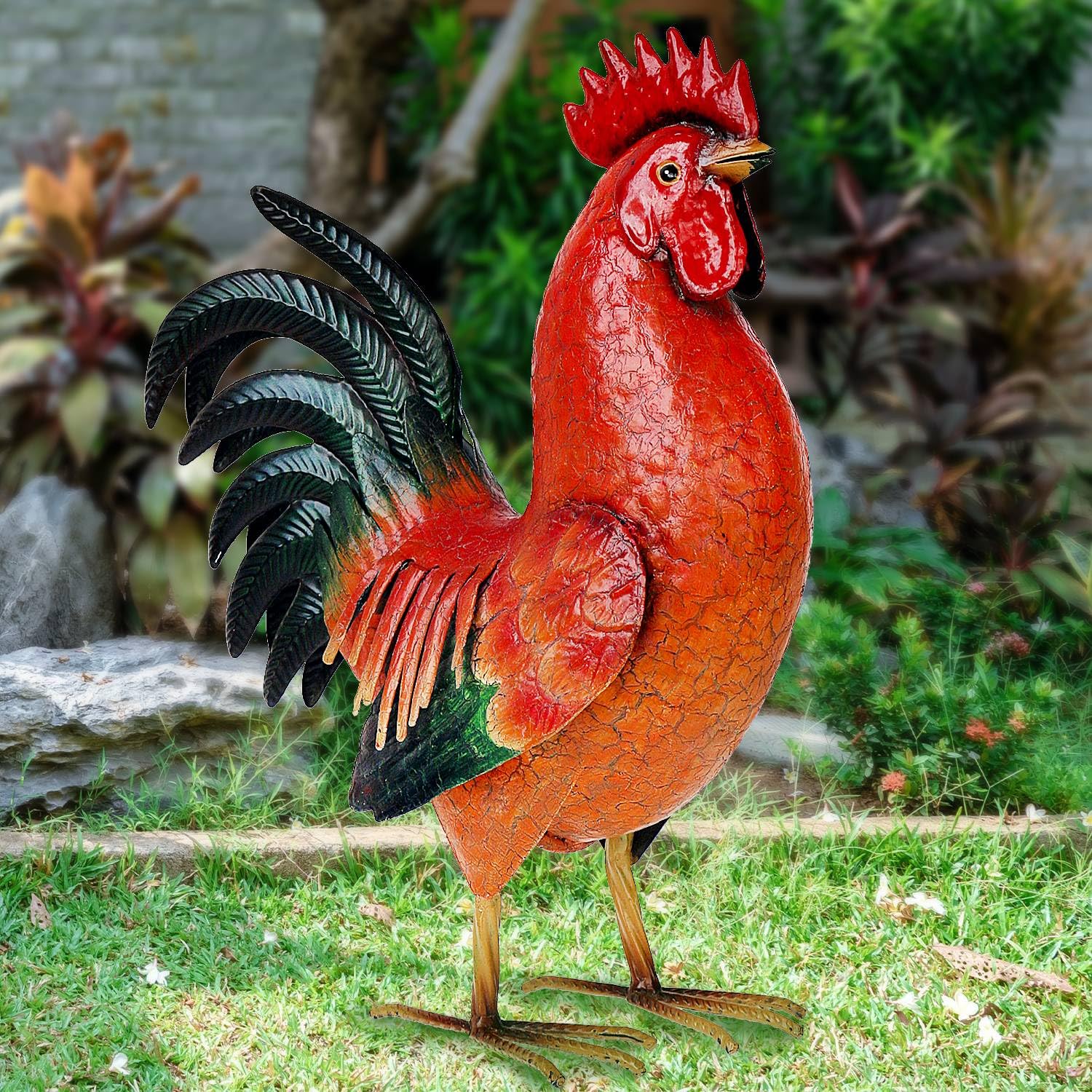 Kircust Red Crackle Rooster Statue, Weather-Resistant Outdoor Garden Art Sculpture, Durable Decor, 9.5"x4.3"x11.4" - Perfect Rooster Lover's Gift