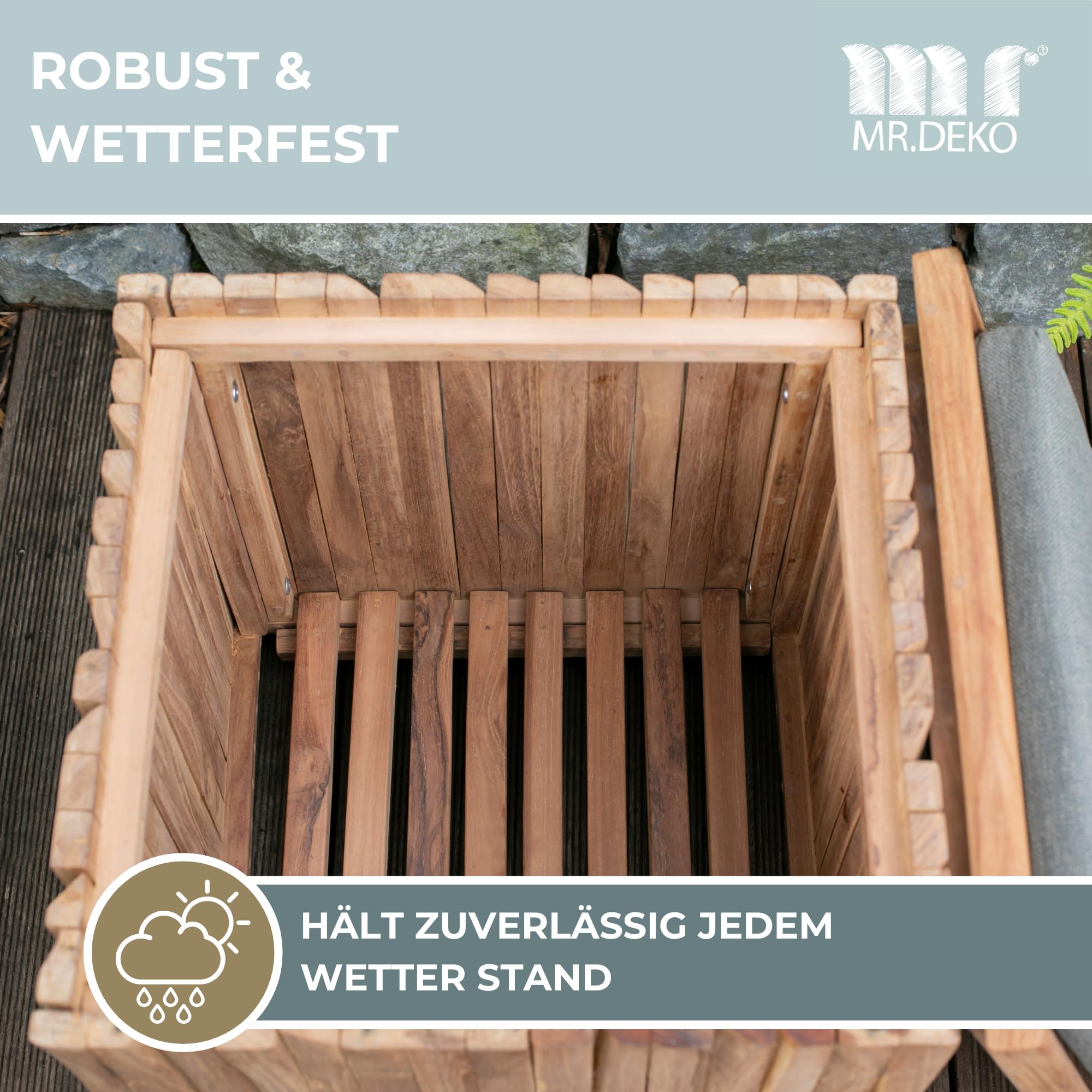 MR. DEKO Teakbox Oxford Sitzhocker inkl. Sitzkissen | Teak Holz Gartenhocker Wetterfest | Auflagenbox Klein Massivholz Teakholz | Beistelltisch Garten Stauraum | Sitzbox Balkon 45x45 cm