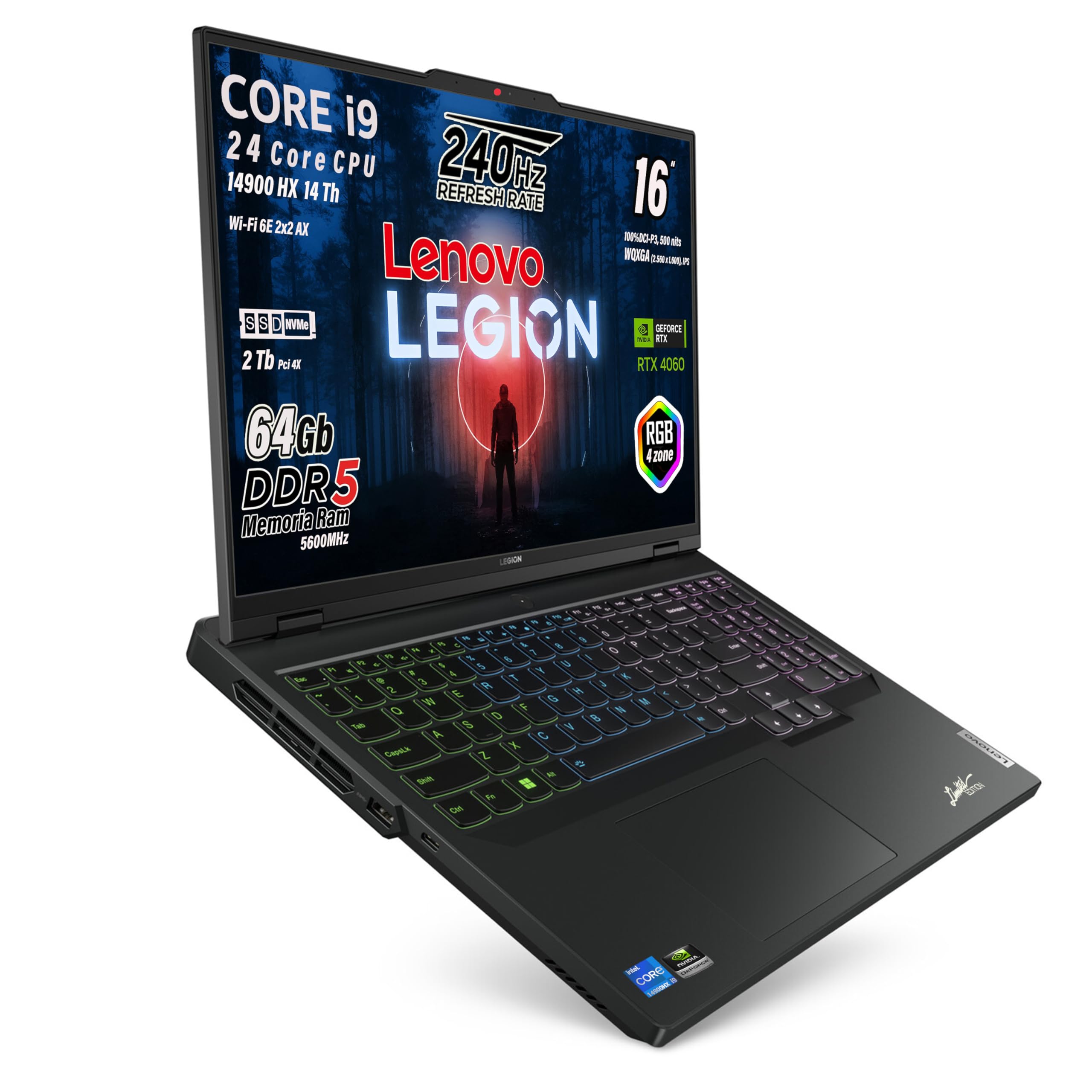 Lenovo Legion PRO5 Notebook Gaming, Intel Core i9-14900HX 24Core, RAM DDR5 64Gb, SSD 2TB (2 x 1Tb) Display 16" 100% DCI-P3, 500 nits, 240 Hz, RTX 4060 8Gb, Tastiera QWERTY RGB 4Zone, Win 11 Pro