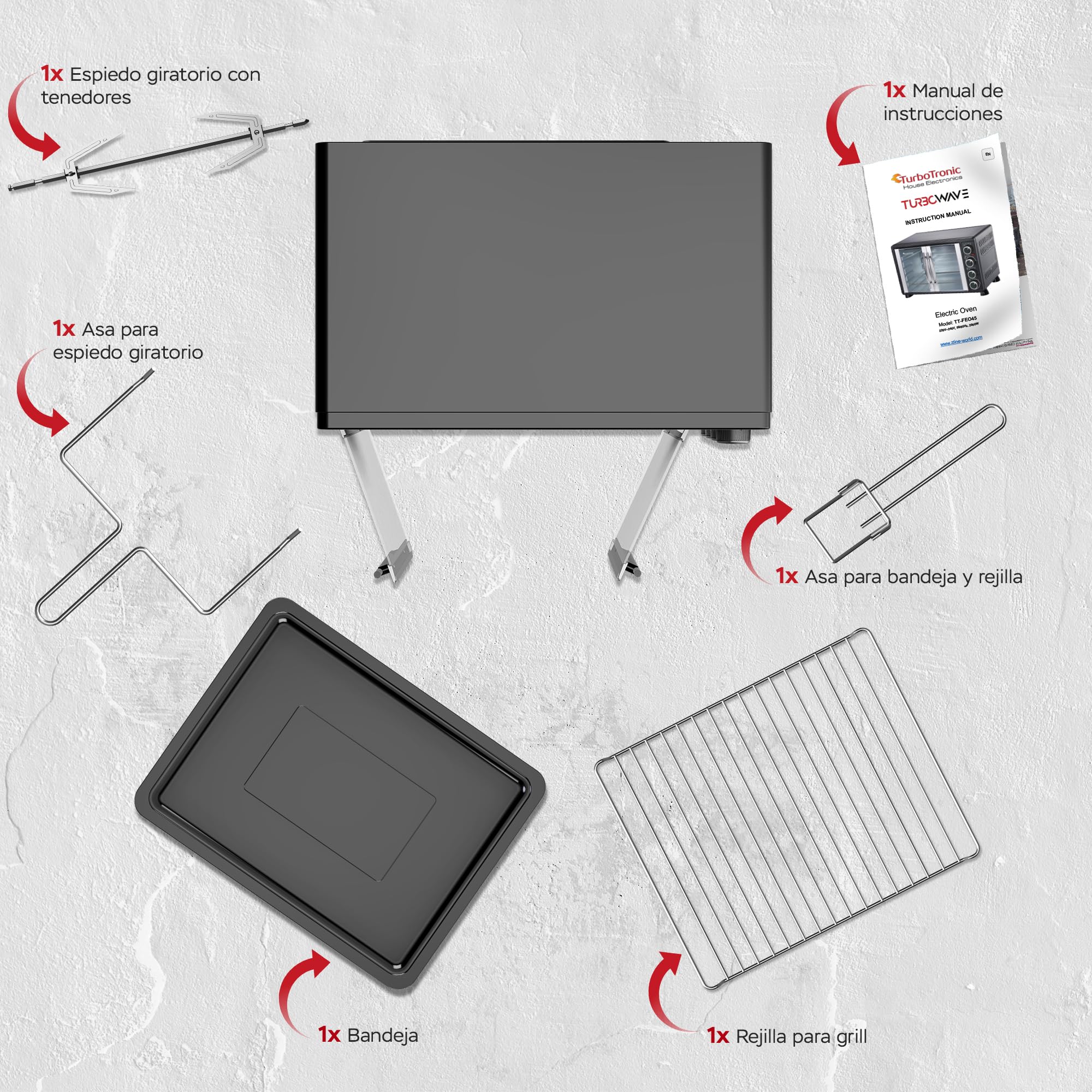 TurboTronic Mini horno con recirculación de aire 45L 2000W negro pincho giratorio temporizador