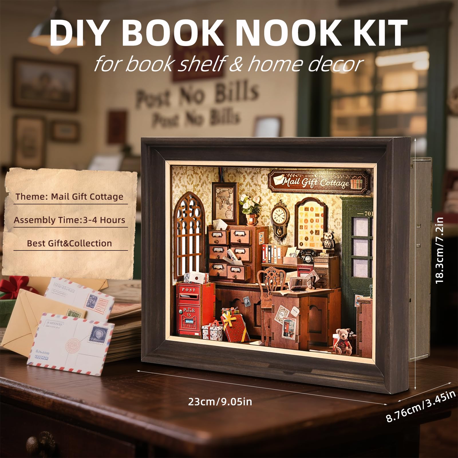 Zestaw Book Nook – drewniane puzzle 3D, z przełącznikiem LED i ramą do montażu na ścianie, miniaturowy dom dla początkujących, regał na książki, dekoracja stołu, dekoracja ścienna dla miłośników