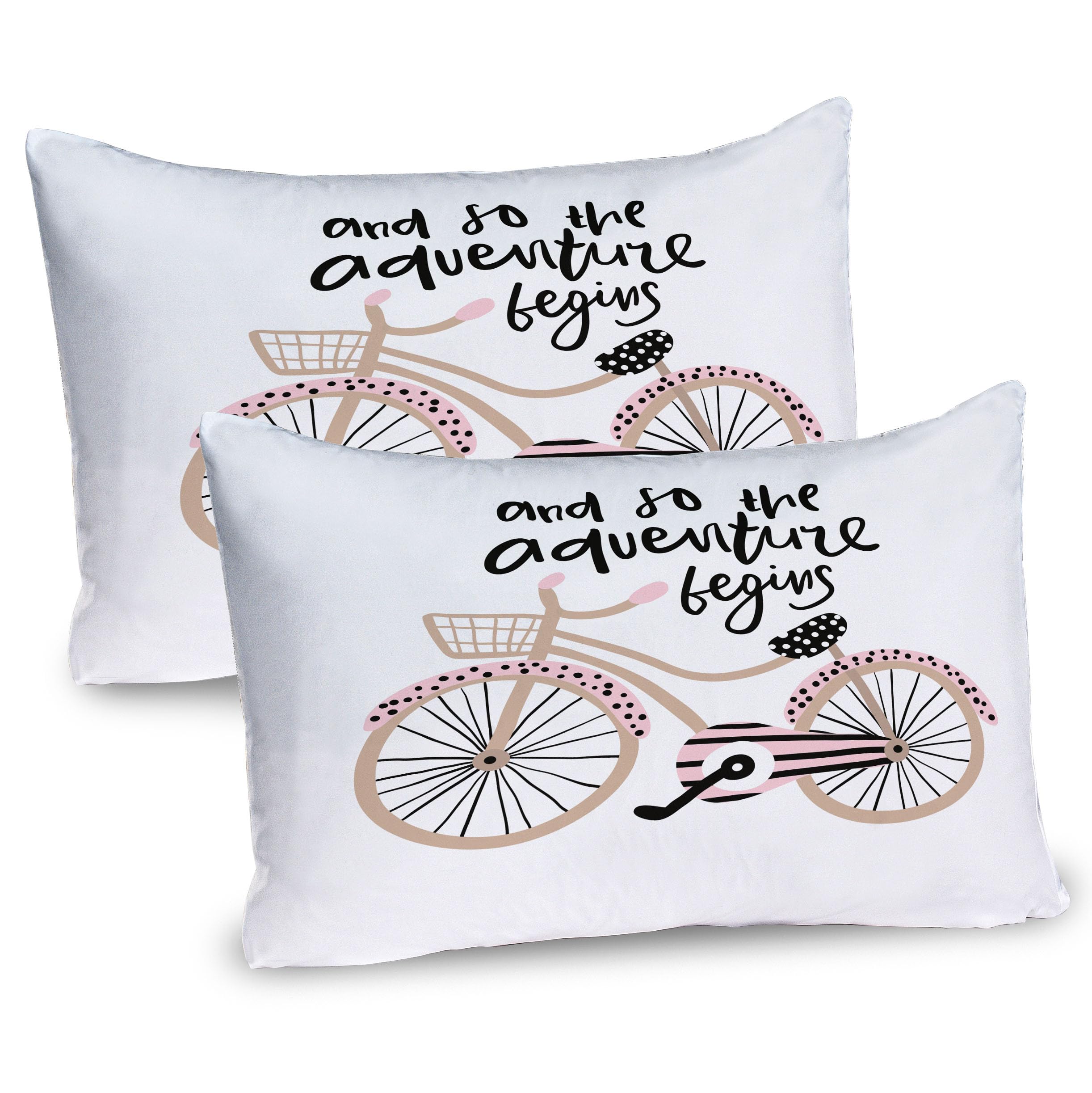 Ambesonne Adventure Cartoon Pillow Sham Set of 2, Bicycle with and so The Adventure Begins Hand Drawn Phrase, Quality Microfiber Bedding Item for All Seasons, 30