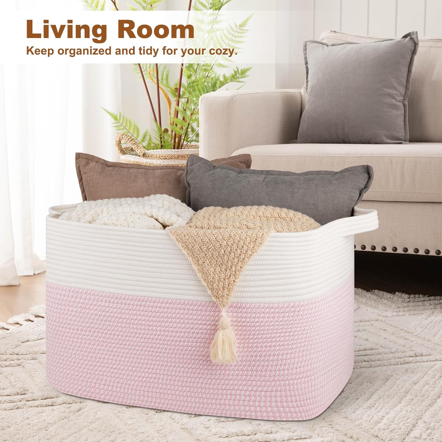 XXXL Large Blanket Basket, 108L Cotton Rope Storage Basket for Living Room, Supre Large Toy Baskets for Kids, Woven Basket for Clothes, Towels, Pillows, 25" x 16" x 16", Pink and White - Image 2