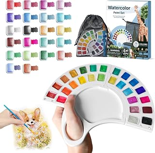 Mini Shimmer Watercolor Paint Set, 26 Glitter Metallic Watercolour Painting Sets with Handheld Foldable Palette, Portable Shimmer Solid Paint Kit with 2 Brushes & Storage Bag for Travel and Beginners