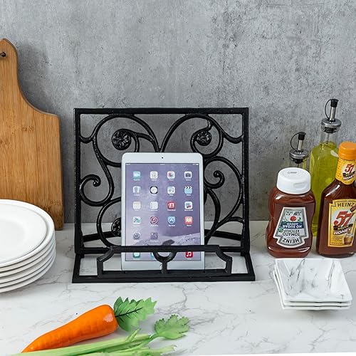 Miniatura 5 de MyGift Soporte de metal negro para libros de cocina con recorte decorativo de palabras y diseño de silueta de árbol, soporte de caballete de tableta