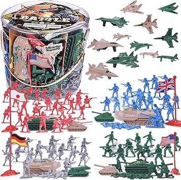 Army Men Toy Soldiers Playset Bucket (73–200 PCS) – WWII Action Figures with Military Vehicles, Accessories & Flags – Kids Imaginative Battle Toy Set (124 PCS - Soldiers + Mini Vehicles)