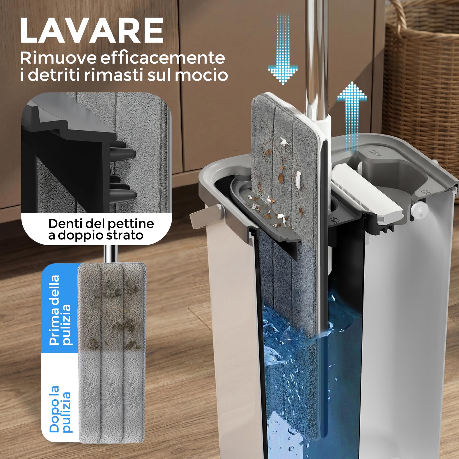 Masthome Mocio Lavapavimenti in Microfibra e Secchio Strizzatore, Mocio Piatto Professionale con Secchio Doppio Scomparto, Secchio Lavapavimenti con 4 Panni Riutilizzabile, Bianco + Grigio - 4
