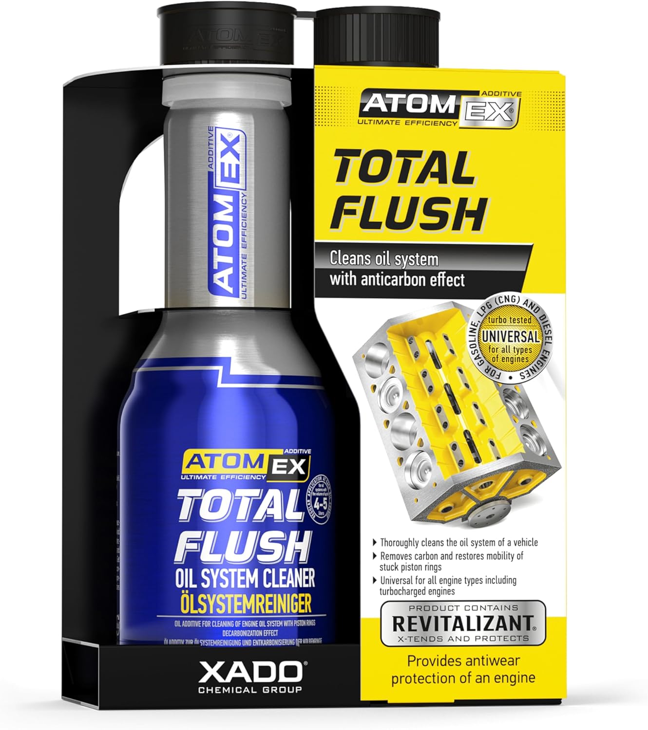 XADO Engine Oil System Cleaner with Anti-Carbon Effect - Removes Contamination & Engine Sludge - ATOMEX Total Flush Revitalizant (Bottle, 250ml)