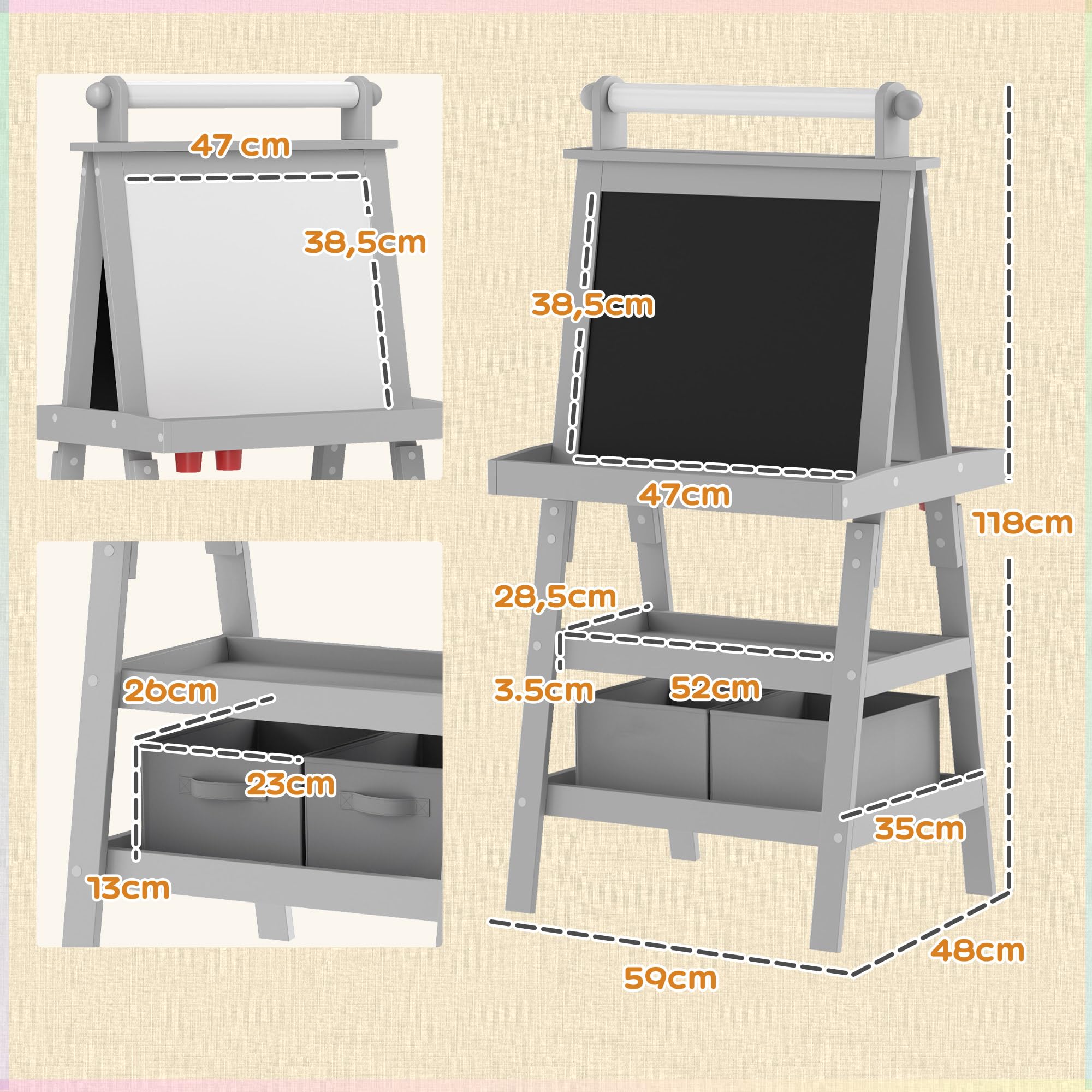 AIYAPLAY Pizarra Infantil Caballete 3 en 1 Pizarra Infantil de Doble Cara Magnética Caballete de Pintura para Niños con Rollo de Papel y Cestas de Almacenamiento 59x48x118 cm Gris