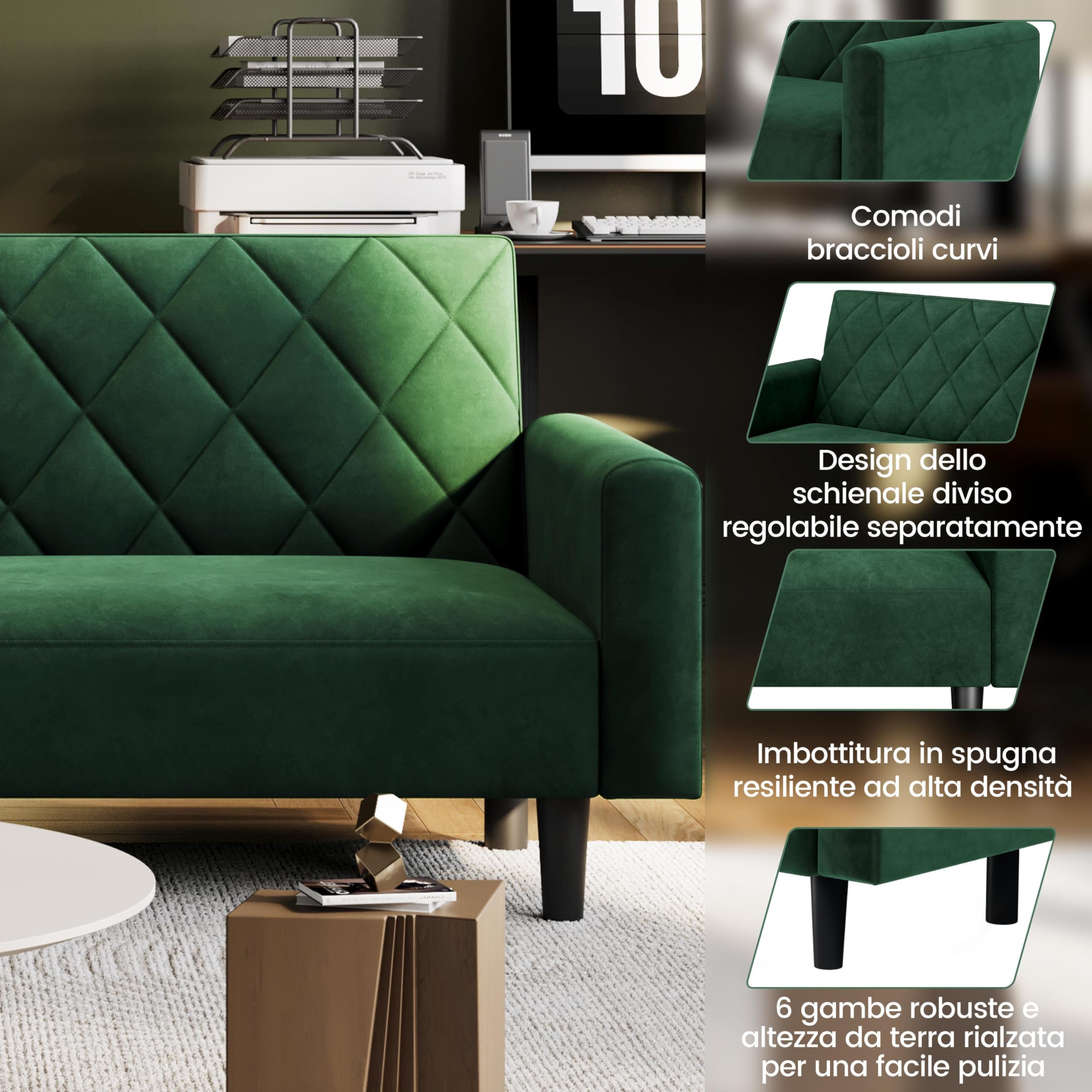 Yaheetech Divano Reclinabile Divanetto Trasformabile a 2 Posti Sofa Matrimoniale con Braccioli Mobile Imbottito in Velluto per Soggiorno Ufficio Salotto 159 × 94 × 52,5 cm Verde