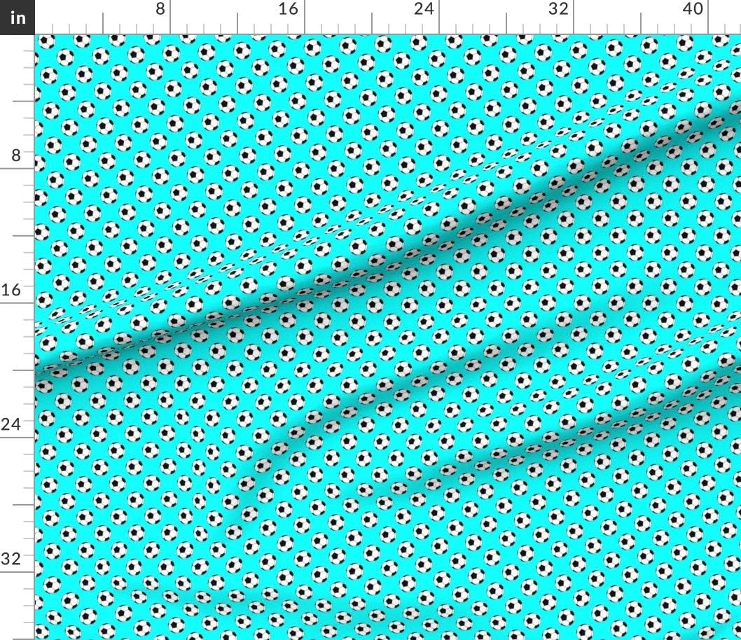 Spoonflower Fabric - Inch Black White Soccer Balls Aqua Blue Sports Football Printed on Petal Signature Cotton Fabric by The Yard - Sewing Quilting Apparel Crafts Decor