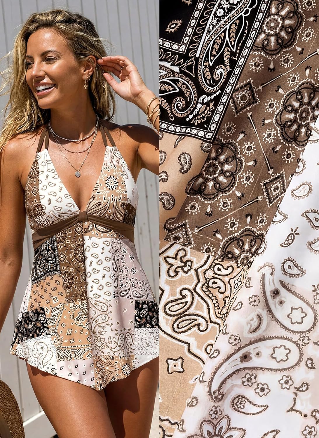 MODLILY Halter Tankini Swimsuits for Women, Modest Coverage Bathing Suits, Handkerchief Hem Top with Mid Rise Briefs