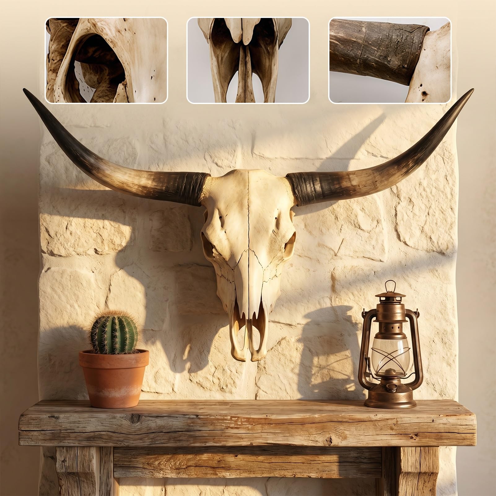 178cm Longhorn Schädel Wanddekoration, Faux Wandbehang mit Stierkopf, Stierschädel Wanddekoration, Longhorn & Ochsenschädel Hörner für rustikalen Bauernhaus-Stil, Heim & Büro(Schwarz)