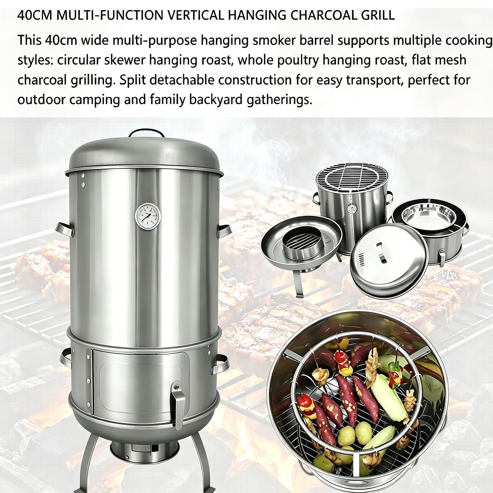 Barbecue A Carbone 3 in 1 con Termometro | Barile Arrostire Carne, Pollame Intero, Spiedini Circolari, Griglia Piatta, 3 Modalità Cottura, Ideale Per Patio E Campeggio