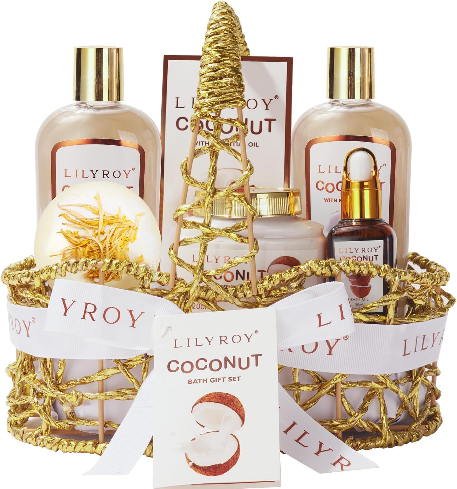 LILY ROY Spa Gift for Women,Coconut Spa Gift Baskets 8Pcs Spa Gift Set With Shower Gel, Bubble Bath, Body Cream, Bath Oil, Bath Salt, Bath Bomb, Lip Balm, Golden Wire Basket. Gifts for Her.