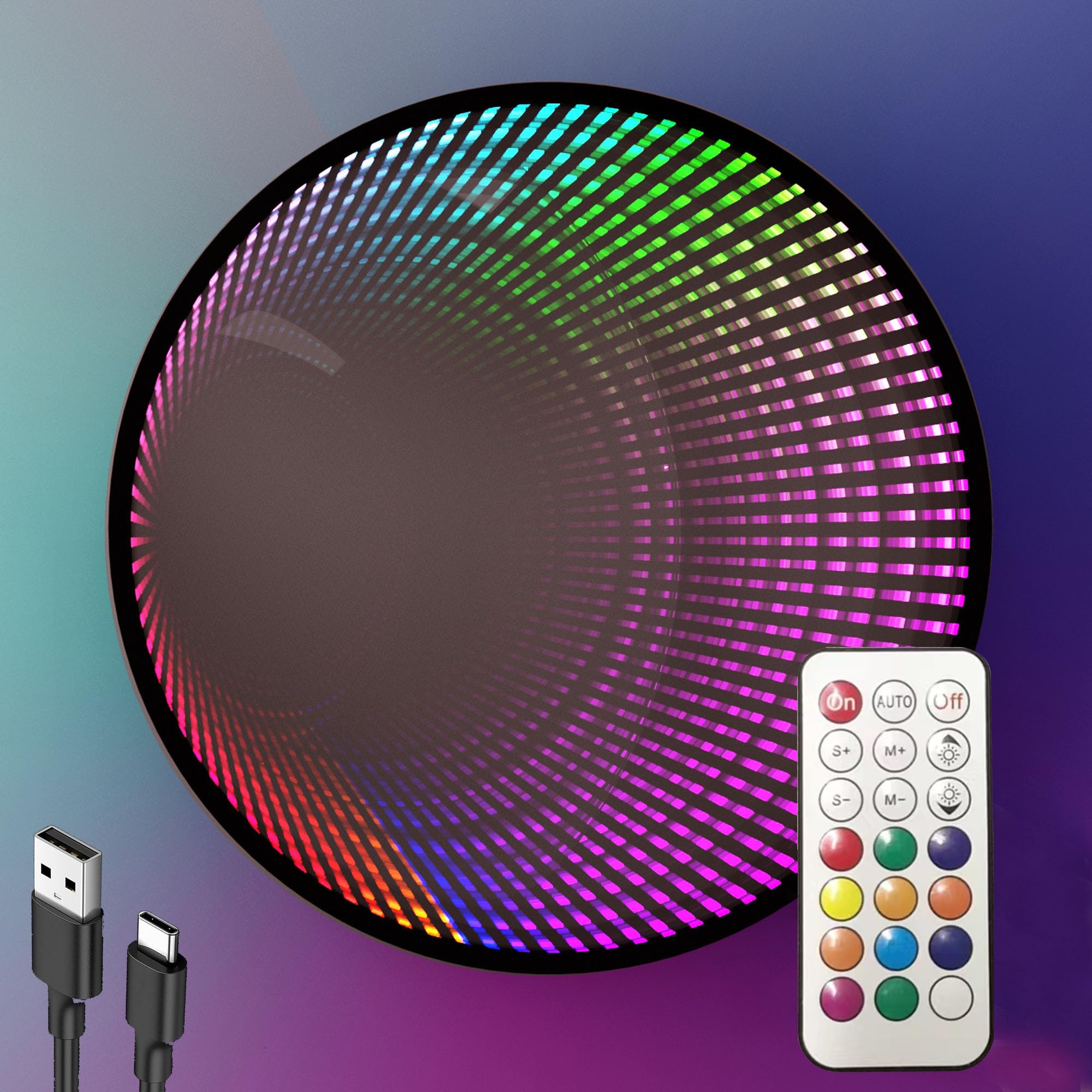 Infinity Spiegelleuchte, rund, Fernbedienung, USB-betriebene LED-Wanddekoration, dimmbar, RGB-Farbwechsel (Schwarz, Fernbedienung)