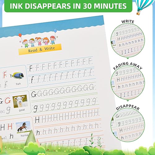 Miniatura 4 de Libro de trabajo de escritura a mano reutilizable grande para niños, control de bolígrafo con bolígrafo de tinta que desaparece automáticamente,