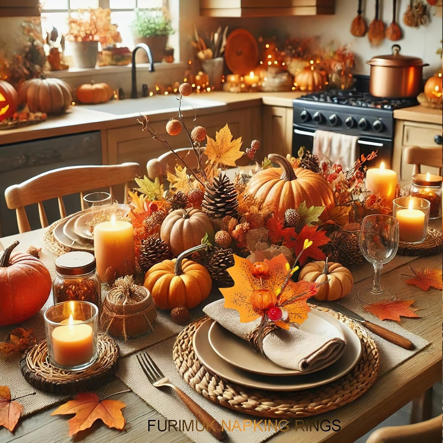 Set of 6 Fall Napkin Rings Thanksgiving Artificial Pumpkin Maple Leaves Berry Napkin Holder for Fall Gathering Table Decor, Wedding, Fall Banquet, Holiday Party Dinner Table Decorations