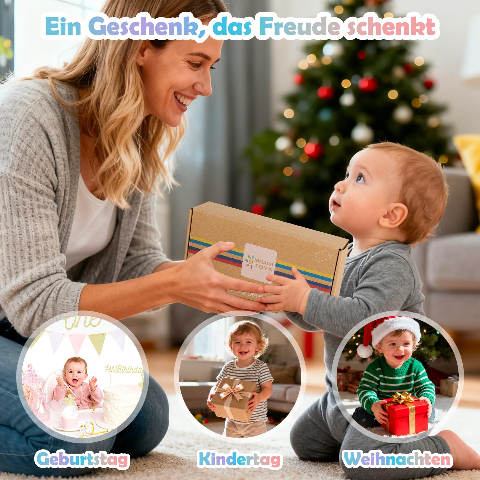 Montessori Holz Baby Spielzeug – 7-teiliges musikalisches Rassel- und Greifset aus Naturholz für 0–12 Monate, ideales Baby-Geschenkset inkl. Stoffbeutel