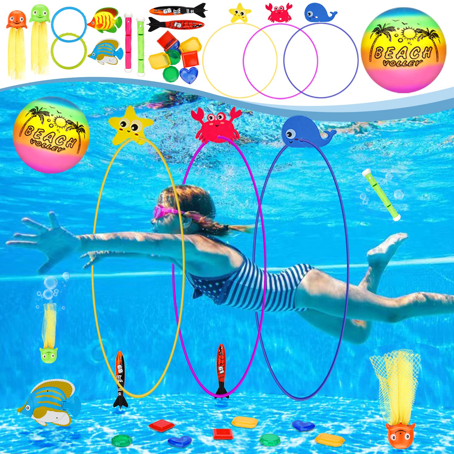 Juguete de Buceo, 27 Piezas Juegos de Agua para Niños con Pelota de Playa, Juguetes de Piscina para Niños de Verano con Bolsa de Almacenamiento para Entrenamiento de Buceo